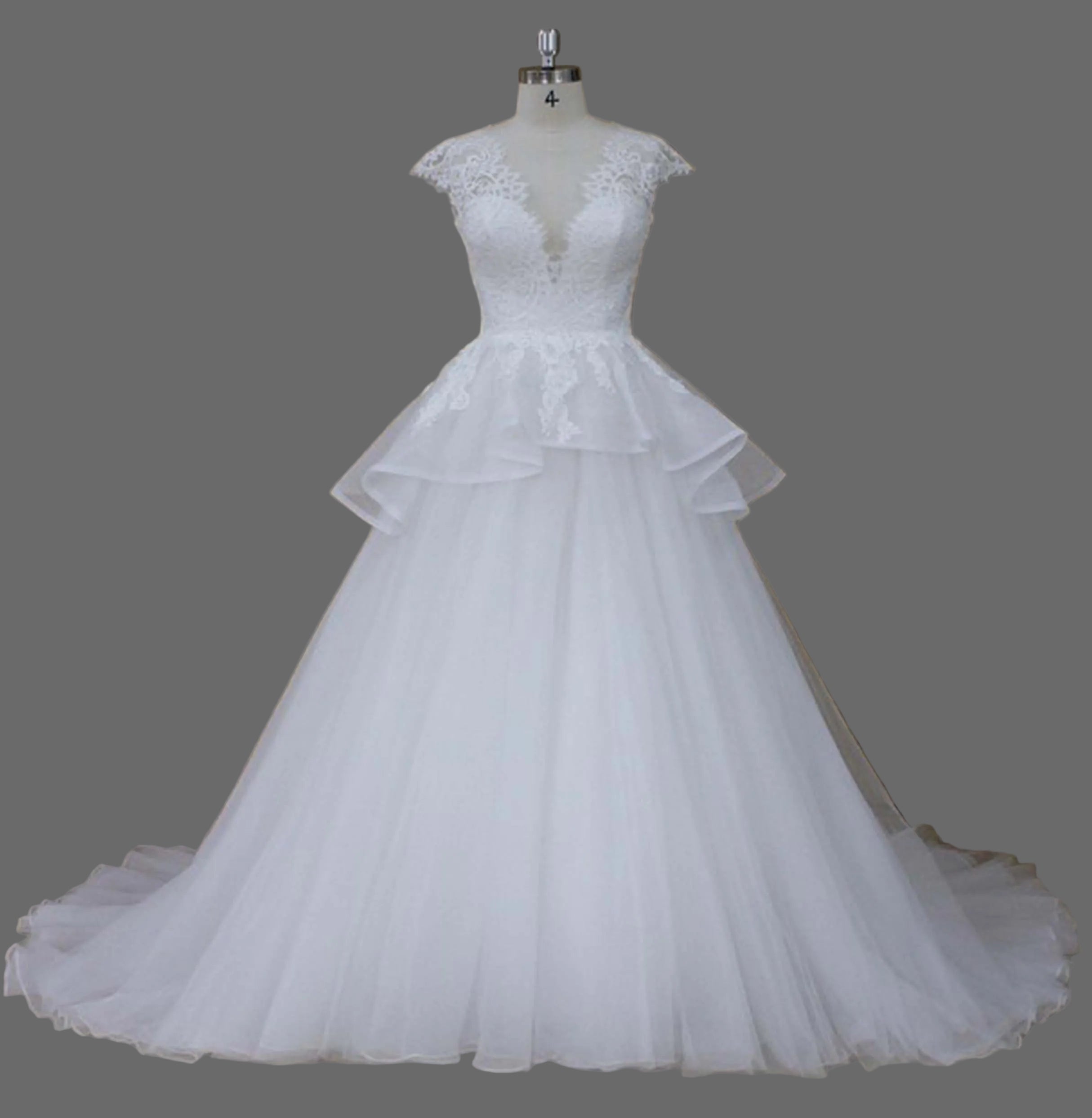 Cap Sleeve V-Neck Lace Peplum Ball Gown Wedding Dress with Layered Tulle Skirt and Cathedral Train