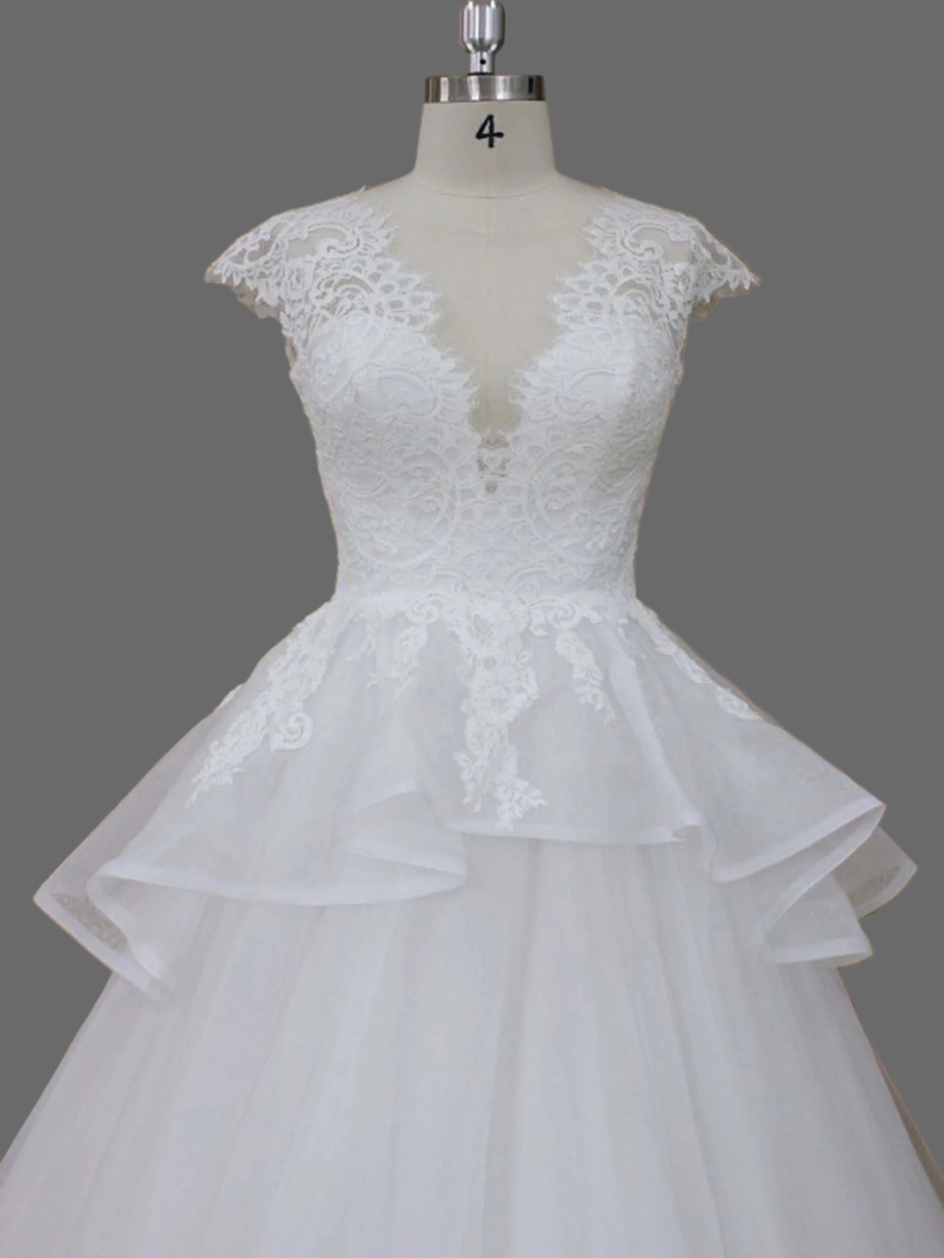 Cap Sleeve V-Neck Lace Peplum Ball Gown Wedding Dress with Layered Tulle Skirt and Cathedral Train