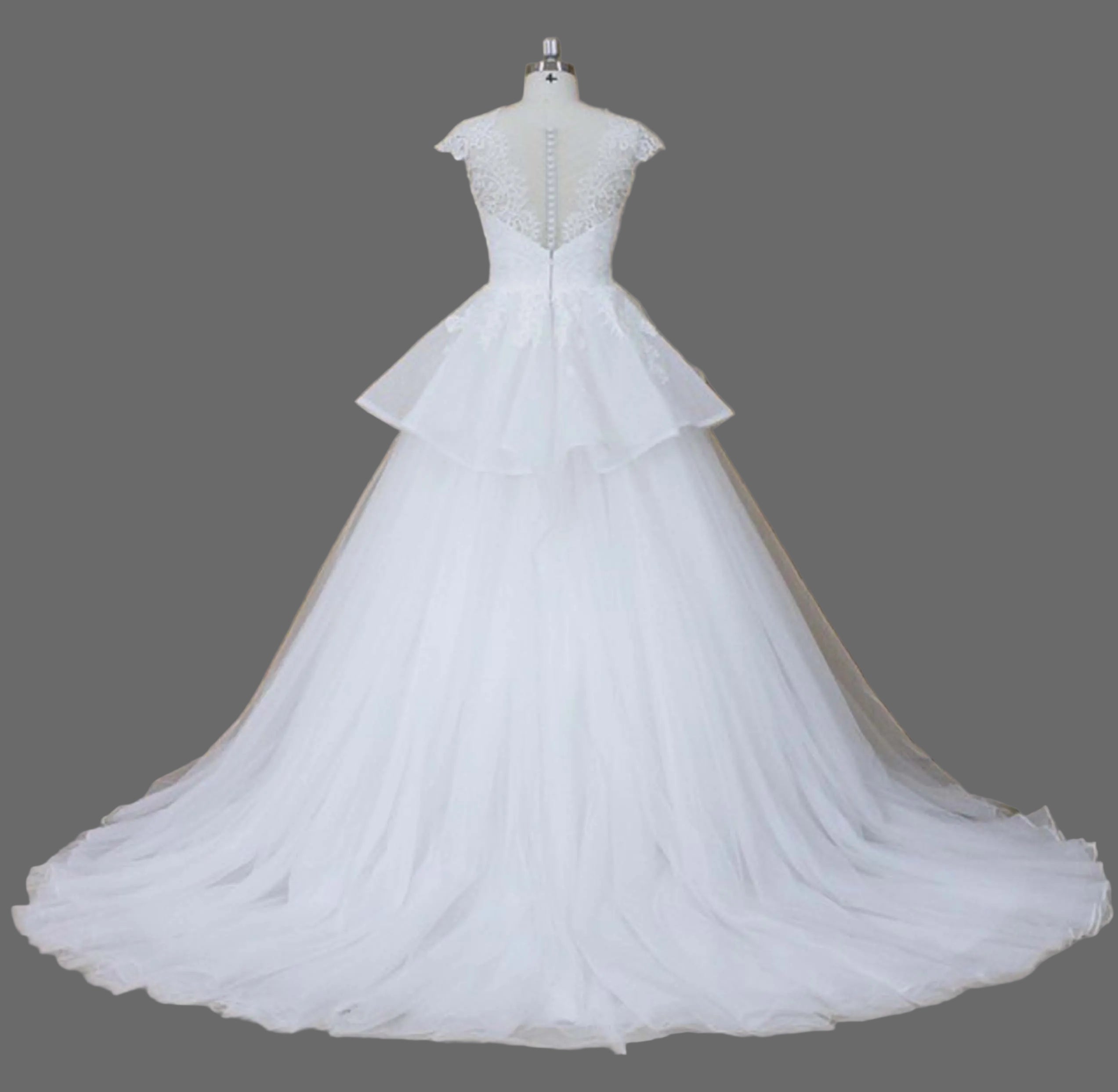 Cap Sleeve V-Neck Lace Peplum Ball Gown Wedding Dress with Layered Tulle Skirt and Cathedral Train