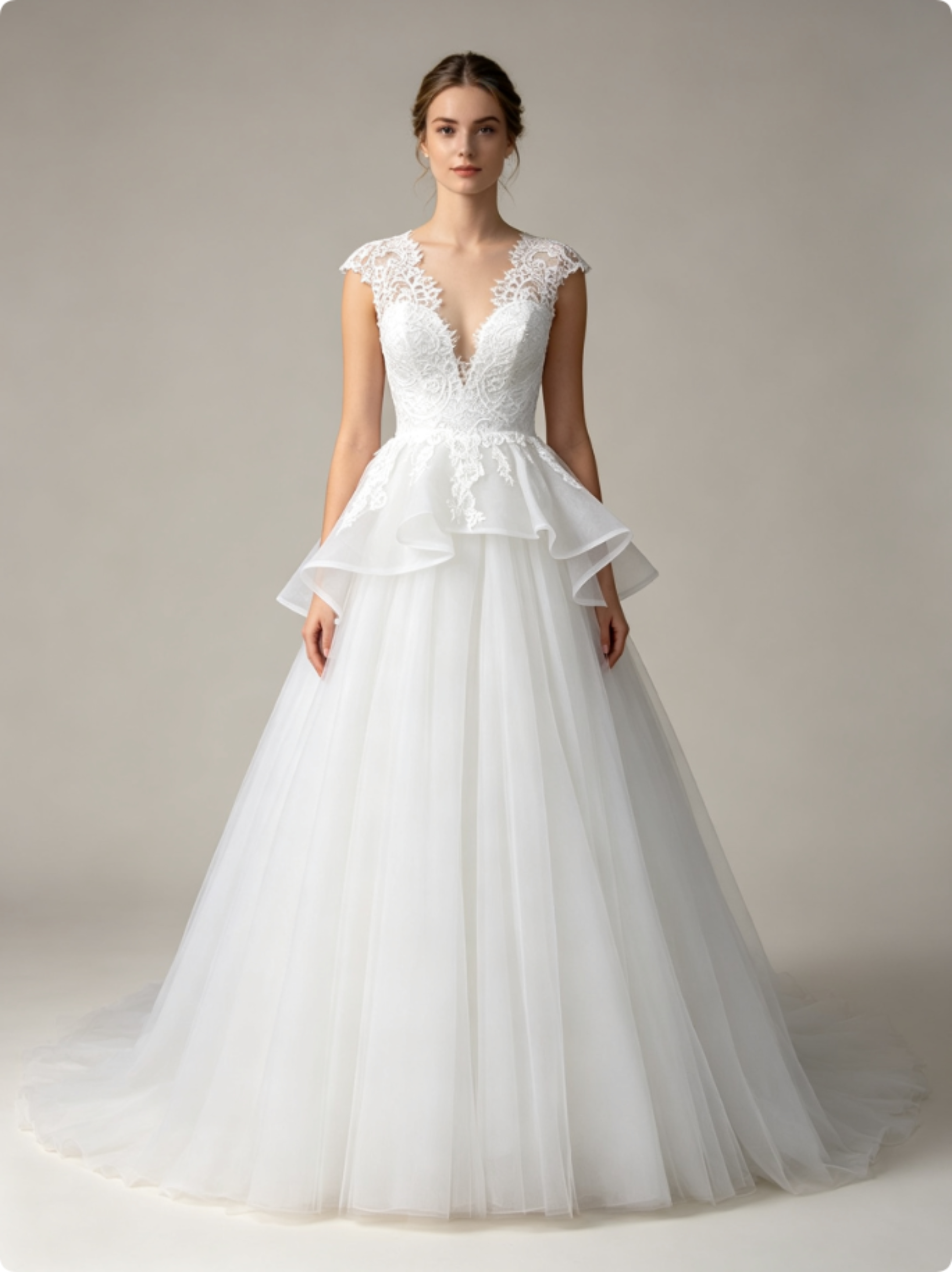 Cap Sleeve V-Neck Lace Peplum Ball Gown Wedding Dress with Layered Tulle Skirt and Cathedral Train