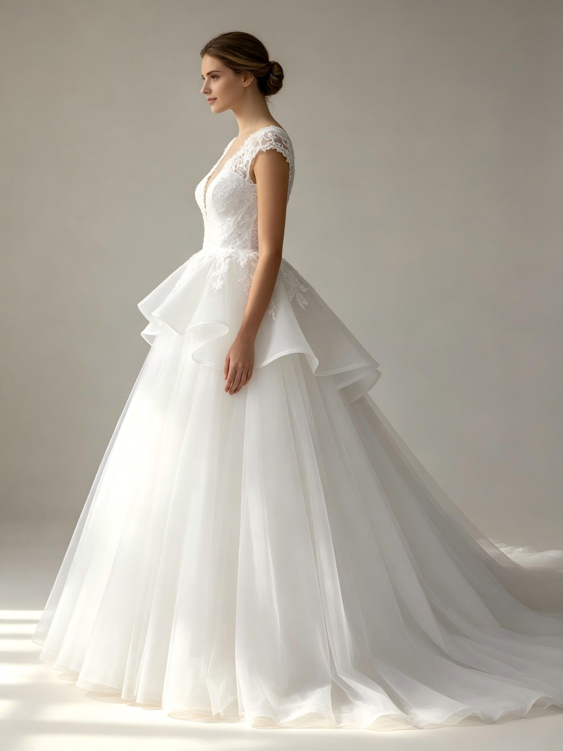 Cap Sleeve V-Neck Lace Peplum Ball Gown Wedding Dress with Layered Tulle Skirt and Cathedral Train