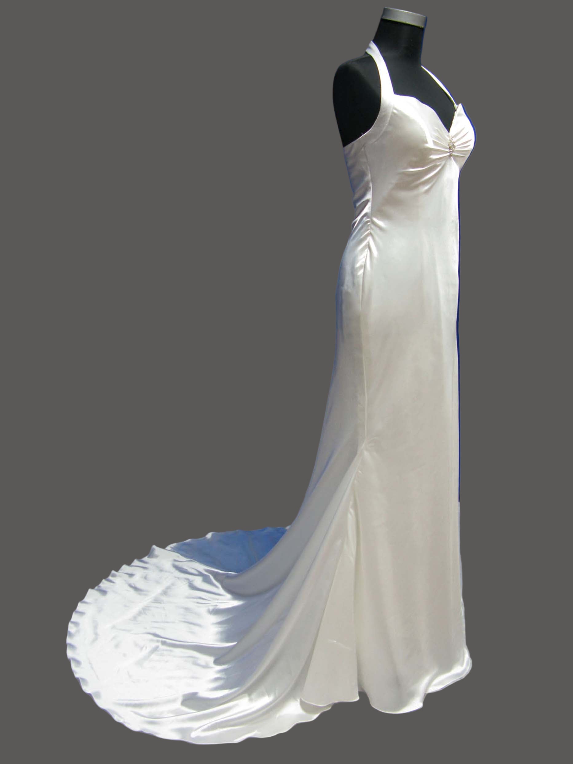 Champagne Satin Wedding Dress Strapless Sweetheart Halter Neck Slim Gown with Cathedral Train