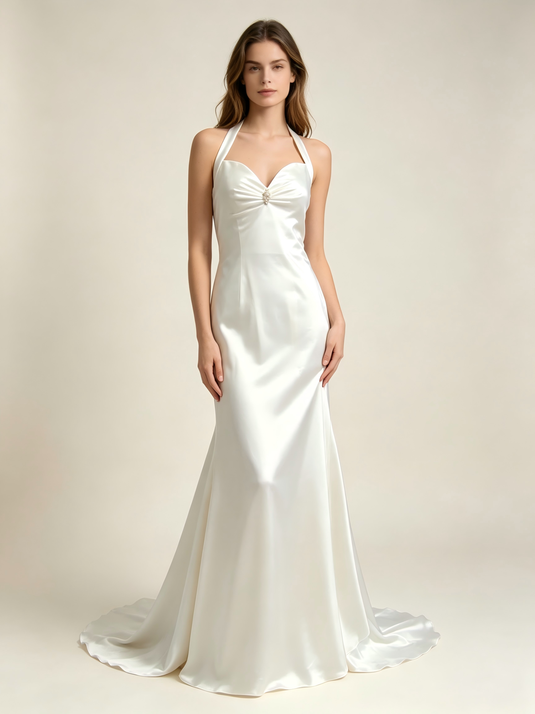 Champagne Satin Wedding Dress Strapless Sweetheart Halter Neck Slim Gown with Cathedral Train