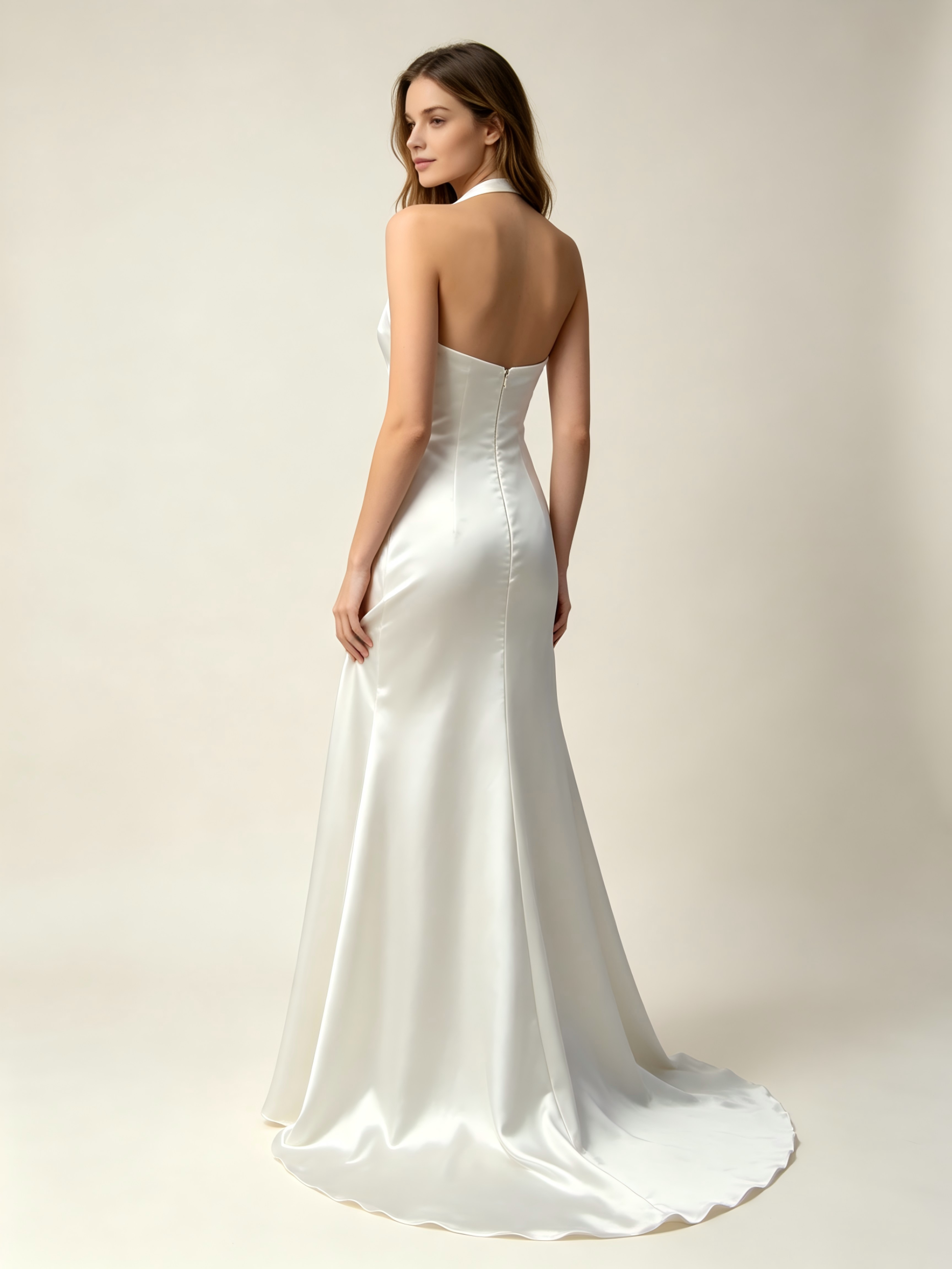 Champagne Satin Wedding Dress Strapless Sweetheart Halter Neck Slim Gown with Cathedral Train
