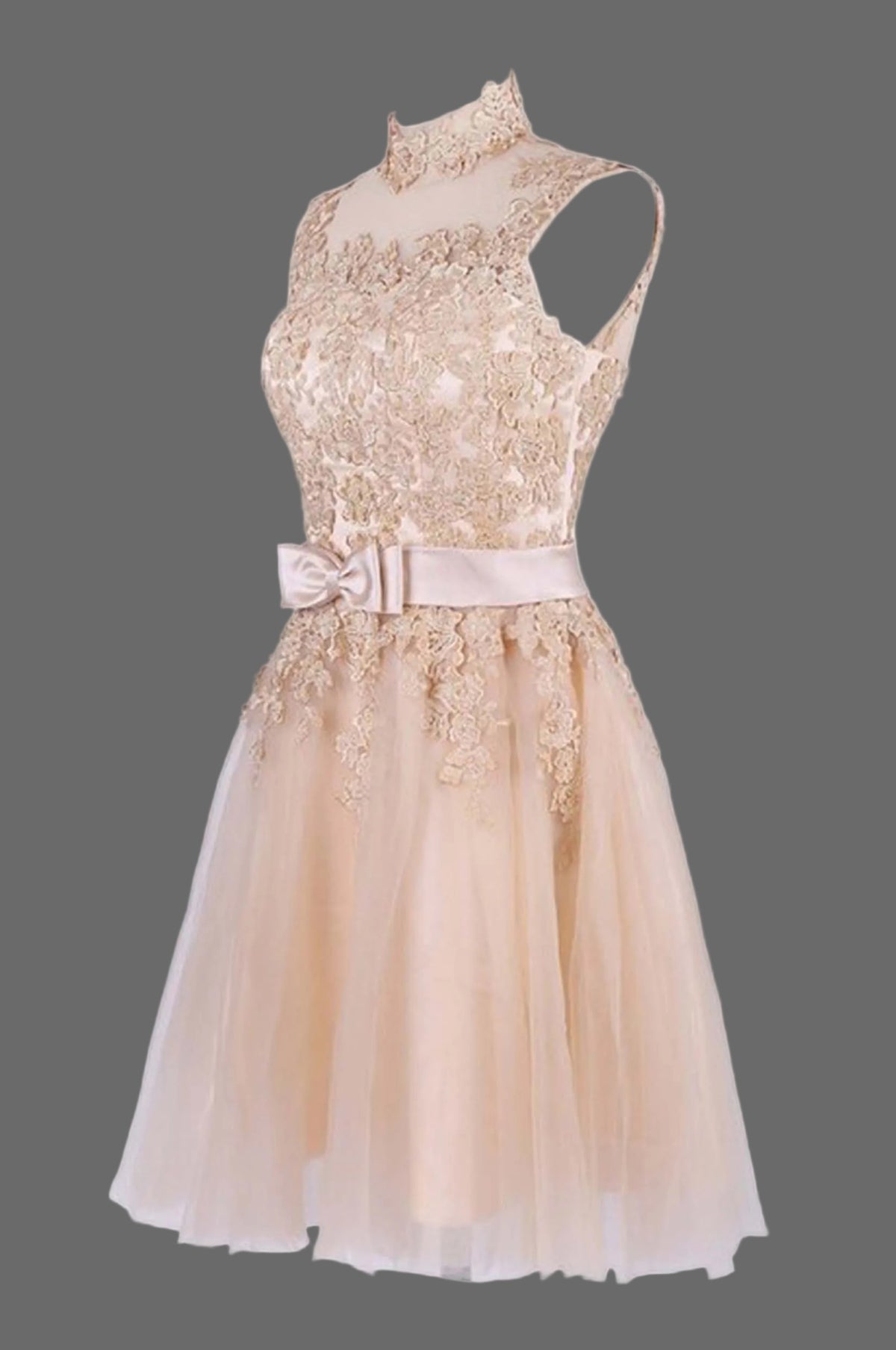 Champagne Short Lace Cocktail Dress with High Neck and Bow Sash OneWedDress Champagne Short Lace Cocktail Dress with High Neck and Bow Sash OneWedDress