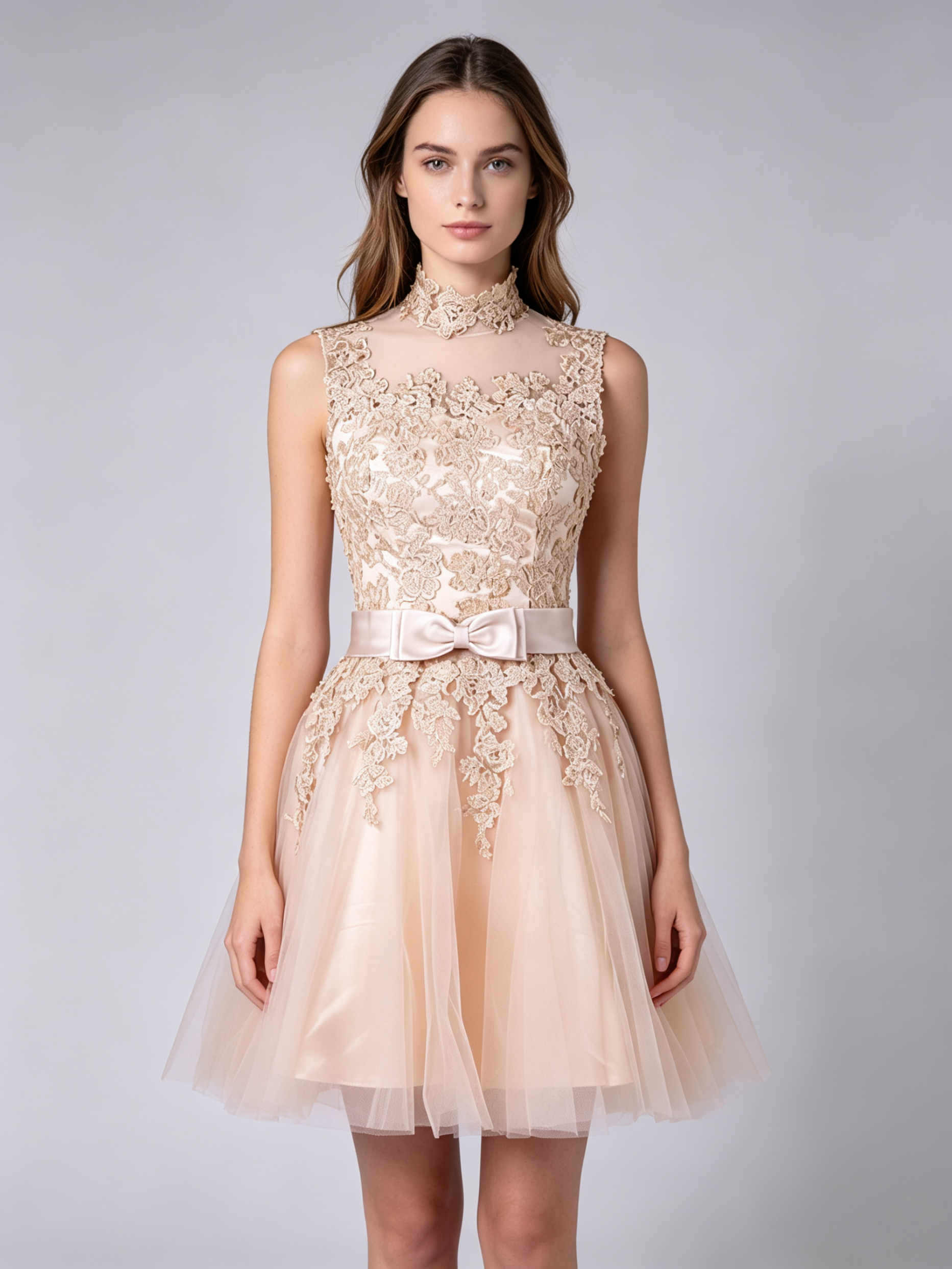 Champagne Short Lace Cocktail Dress with High Neck and Bow Sash