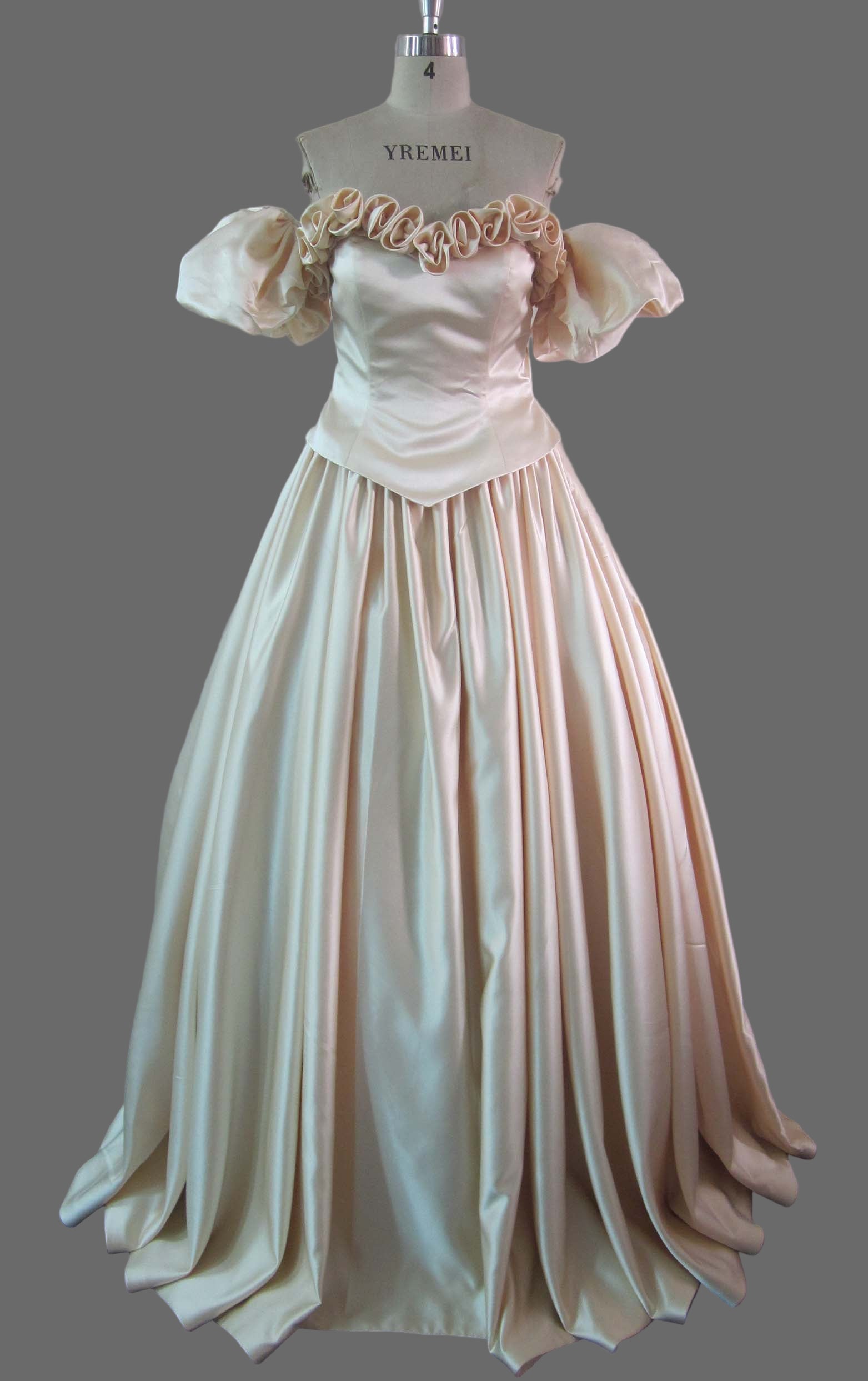 Champagne Off-Shoulder Ball Gown Wedding Dress with Ruffled Neckline and Cathedral Train