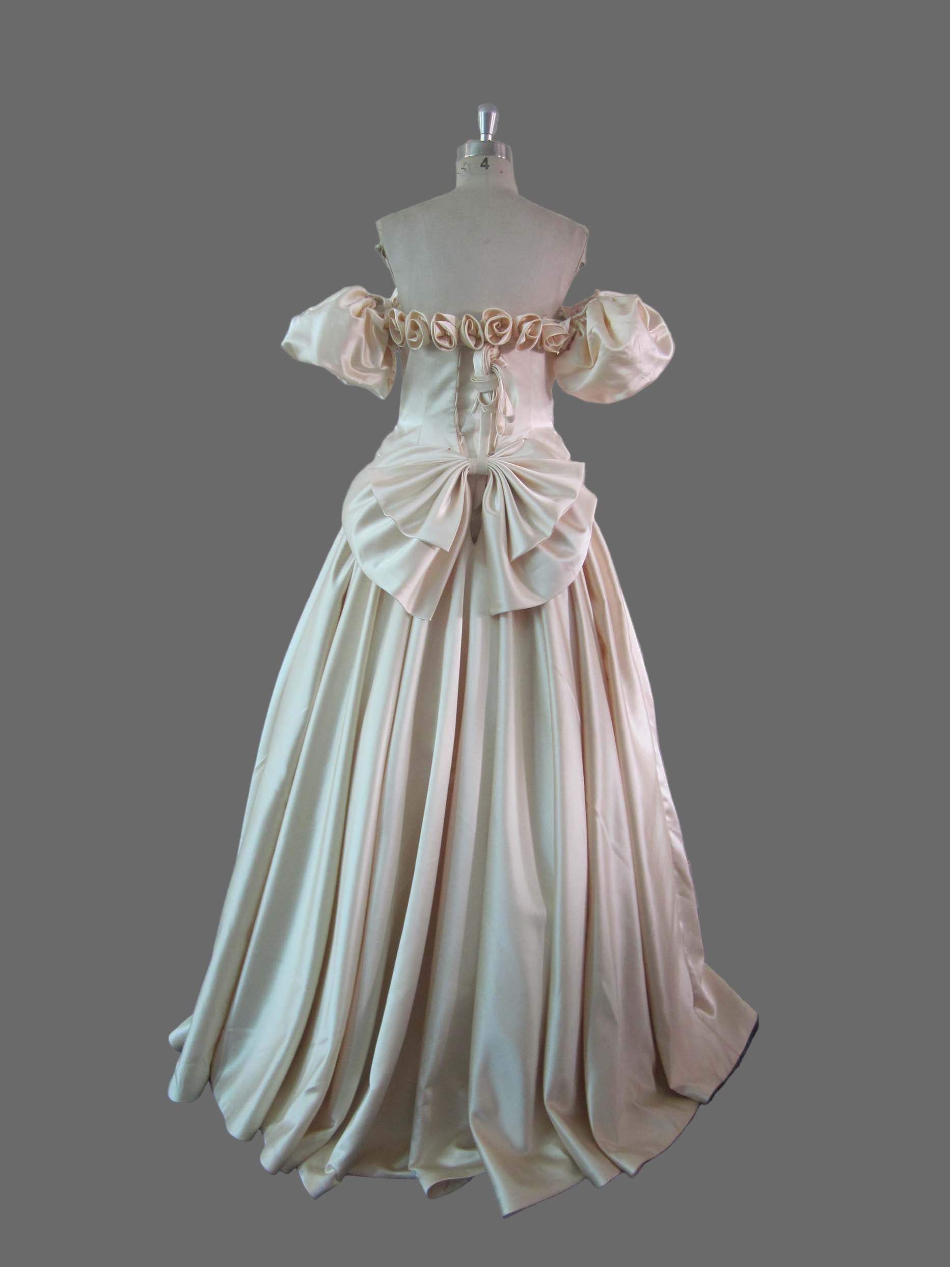 Champagne Off-Shoulder Ball Gown Wedding Dress with Ruffled Neckline and Cathedral Train