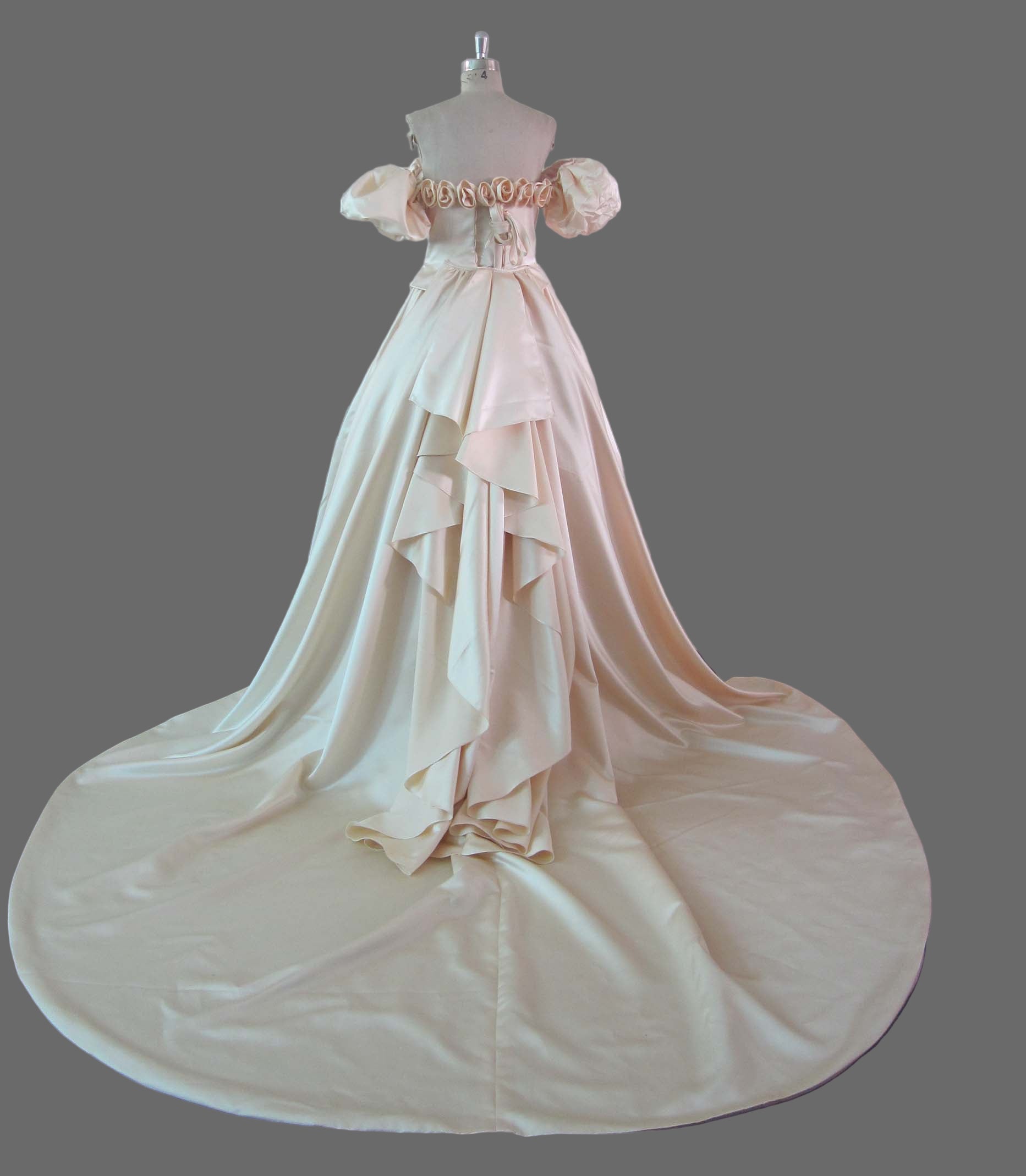 Champagne Off-Shoulder Ball Gown Wedding Dress with Ruffled Neckline and Cathedral Train