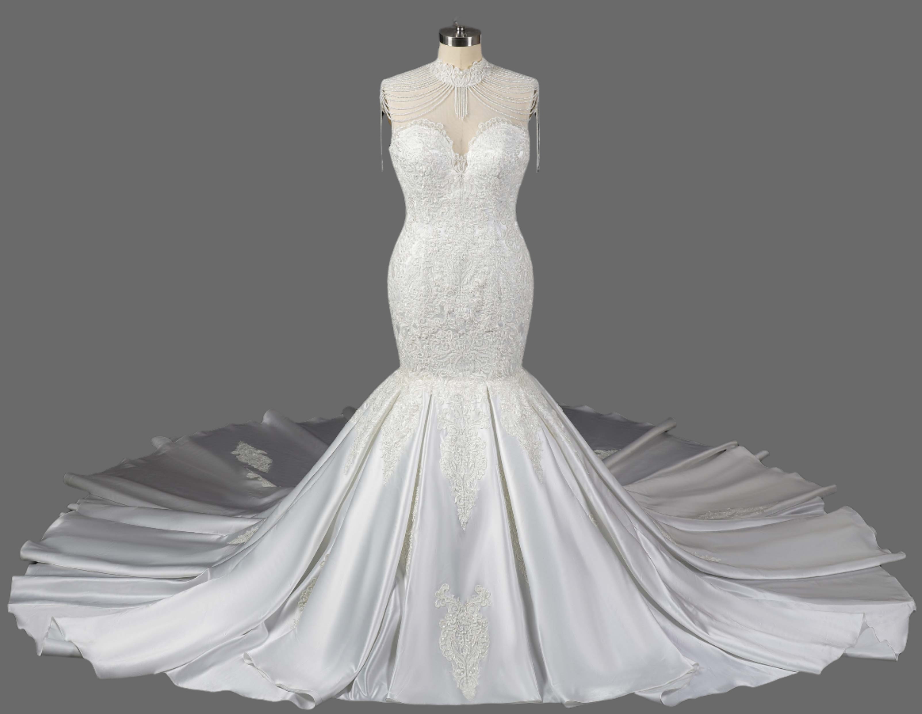 Chapel Train Trumpet-Mermaid Lace Appliques Satin Wedding Dress