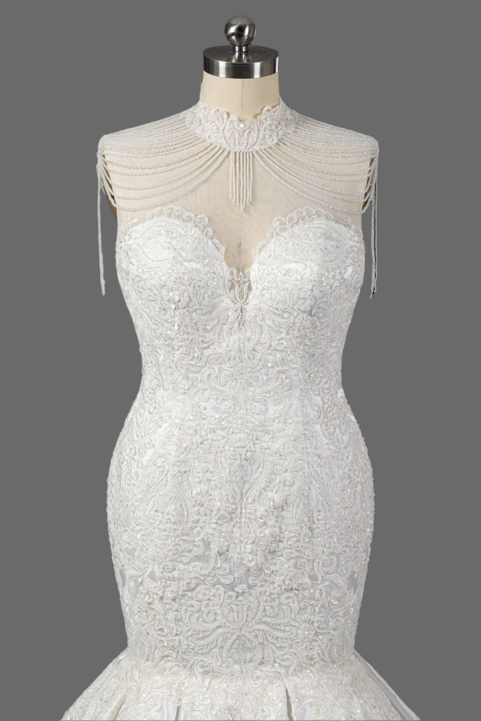 Chapel Train Trumpet-Mermaid Lace Appliques Satin Wedding Dress