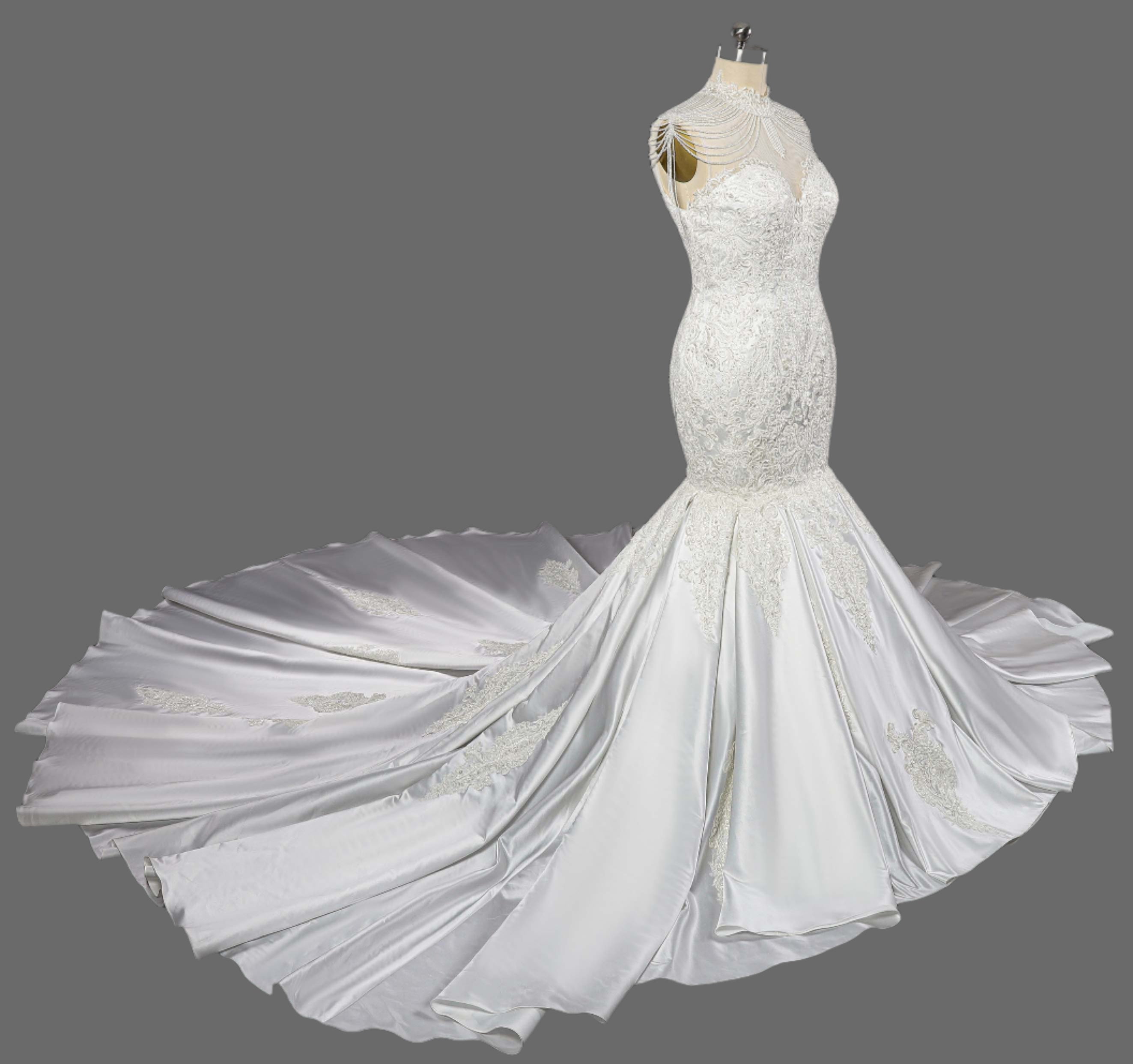 Chapel Train Trumpet-Mermaid Lace Appliques Satin Wedding Dress