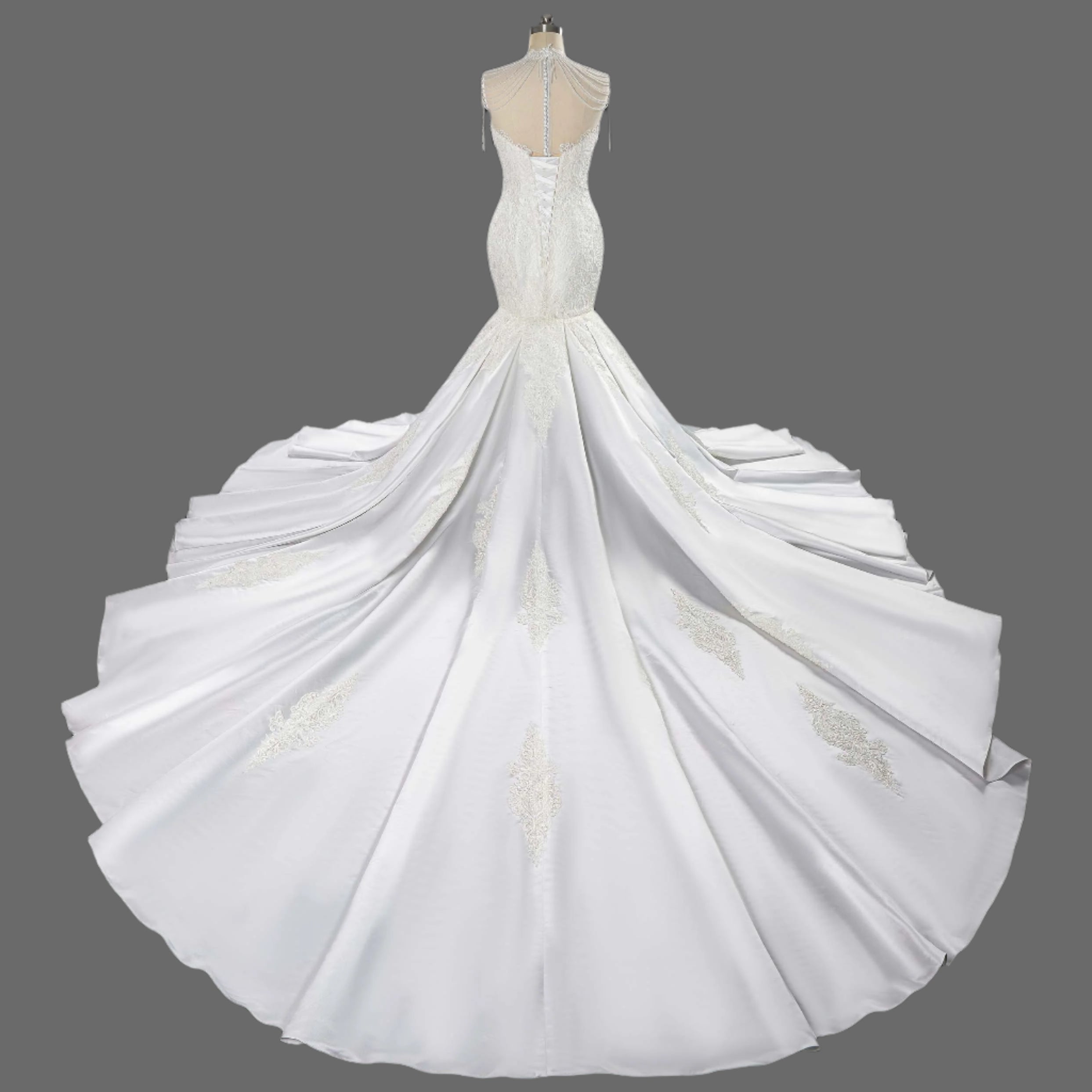 Chapel Train Trumpet-Mermaid Lace Appliques Satin Wedding Dress