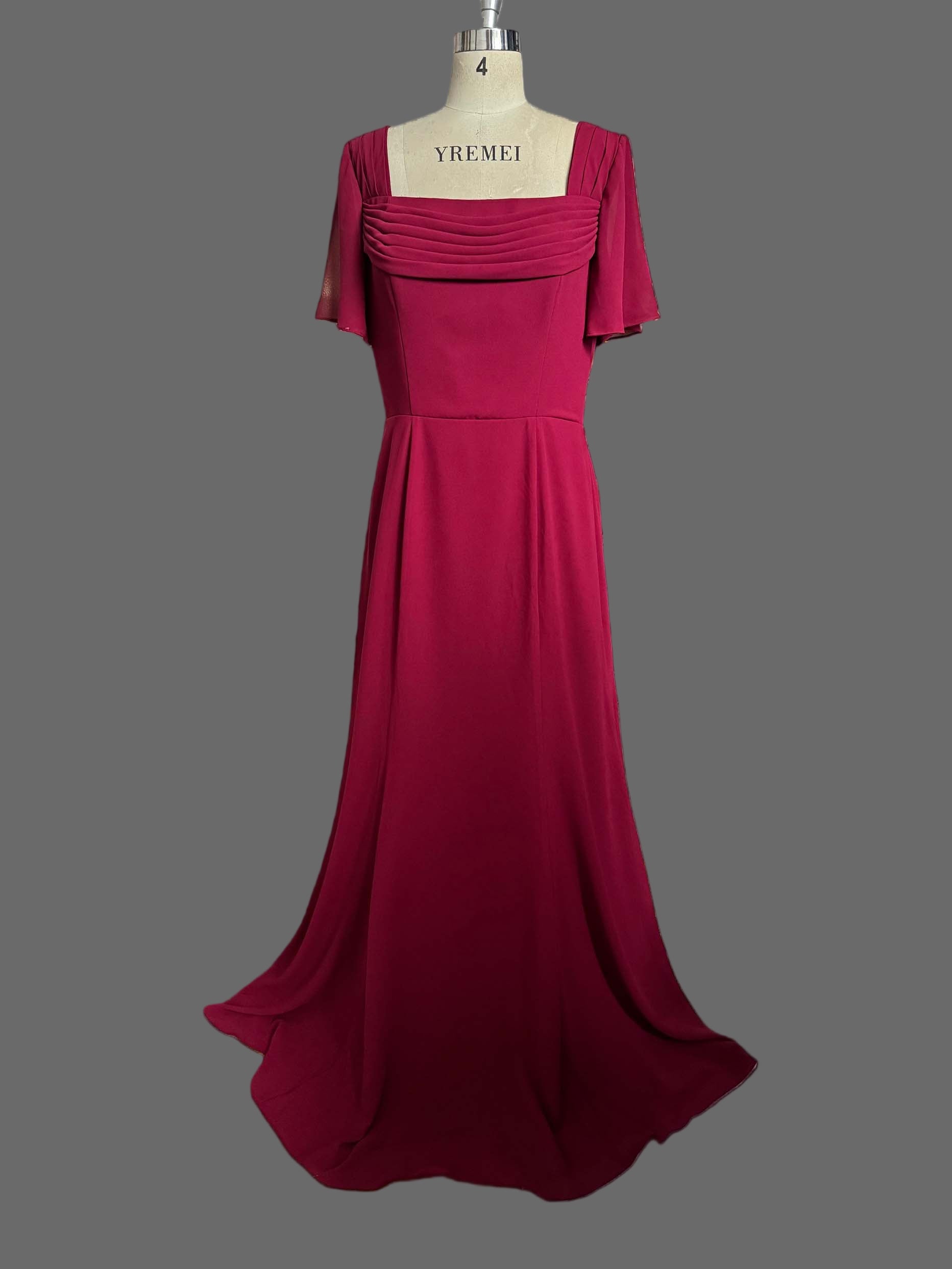 Charming Red Chiffon Bridesmaid Dress - Square Neck Flutter Sleeve A-Line Gown