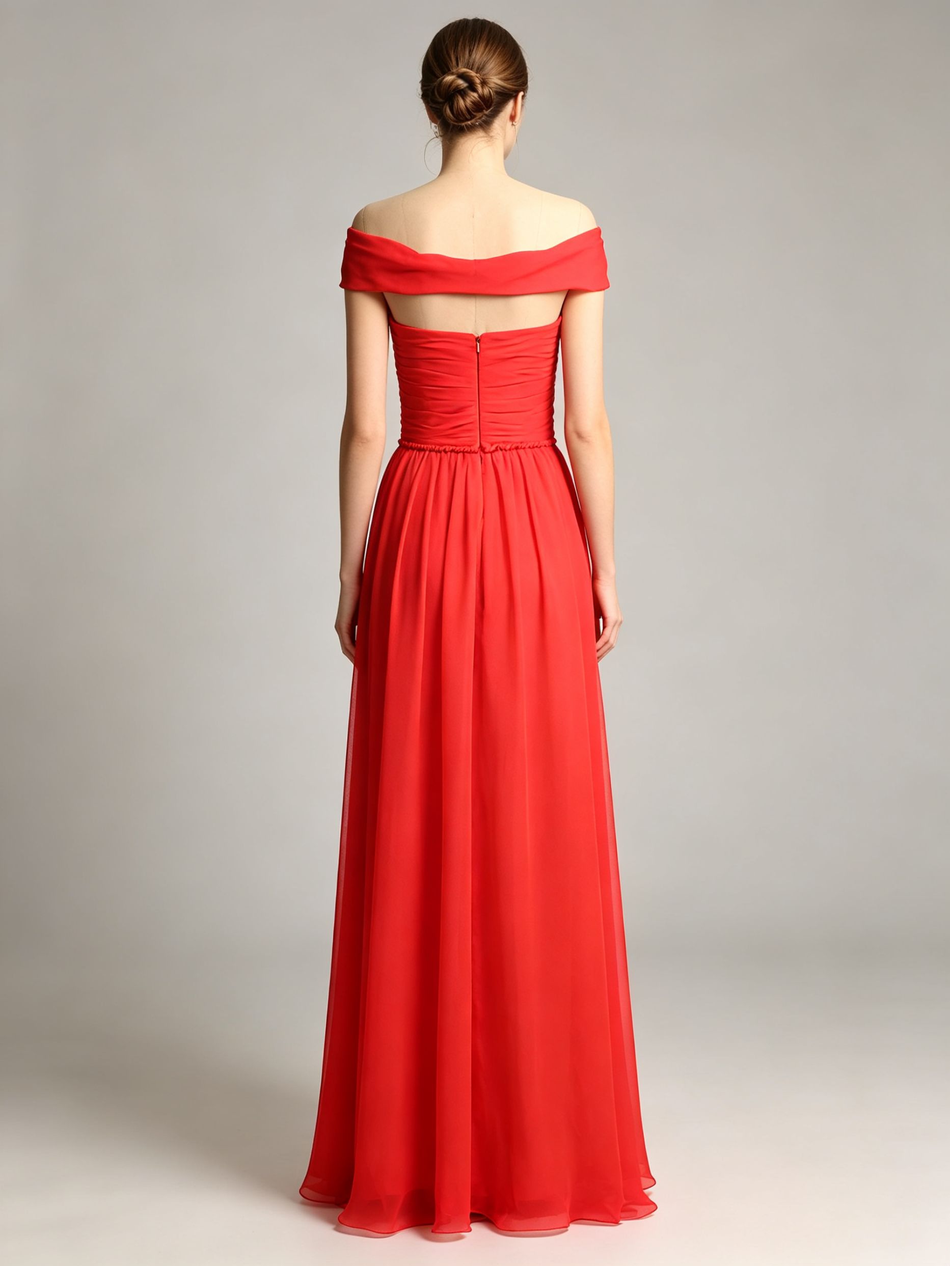 Coral Red Evening Dress - Off Shoulder Pleated Chiffon A-Line Formal Gown