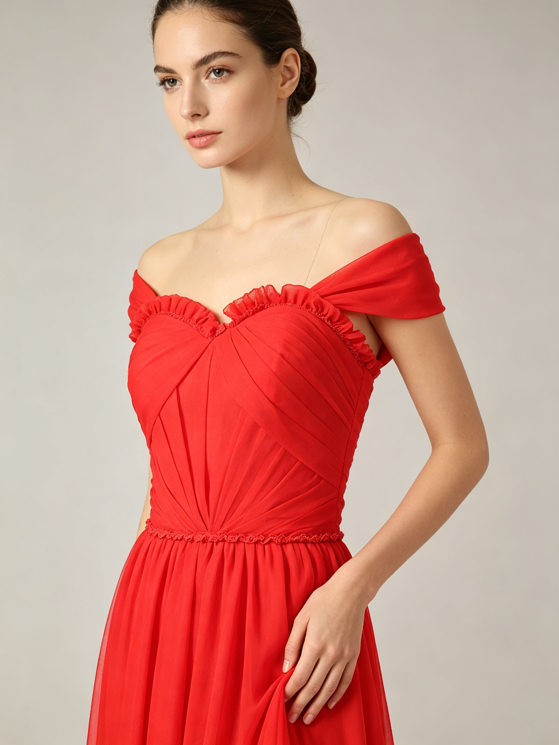 Coral Red Evening Dress - Off Shoulder Pleated Chiffon A-Line Formal Gown