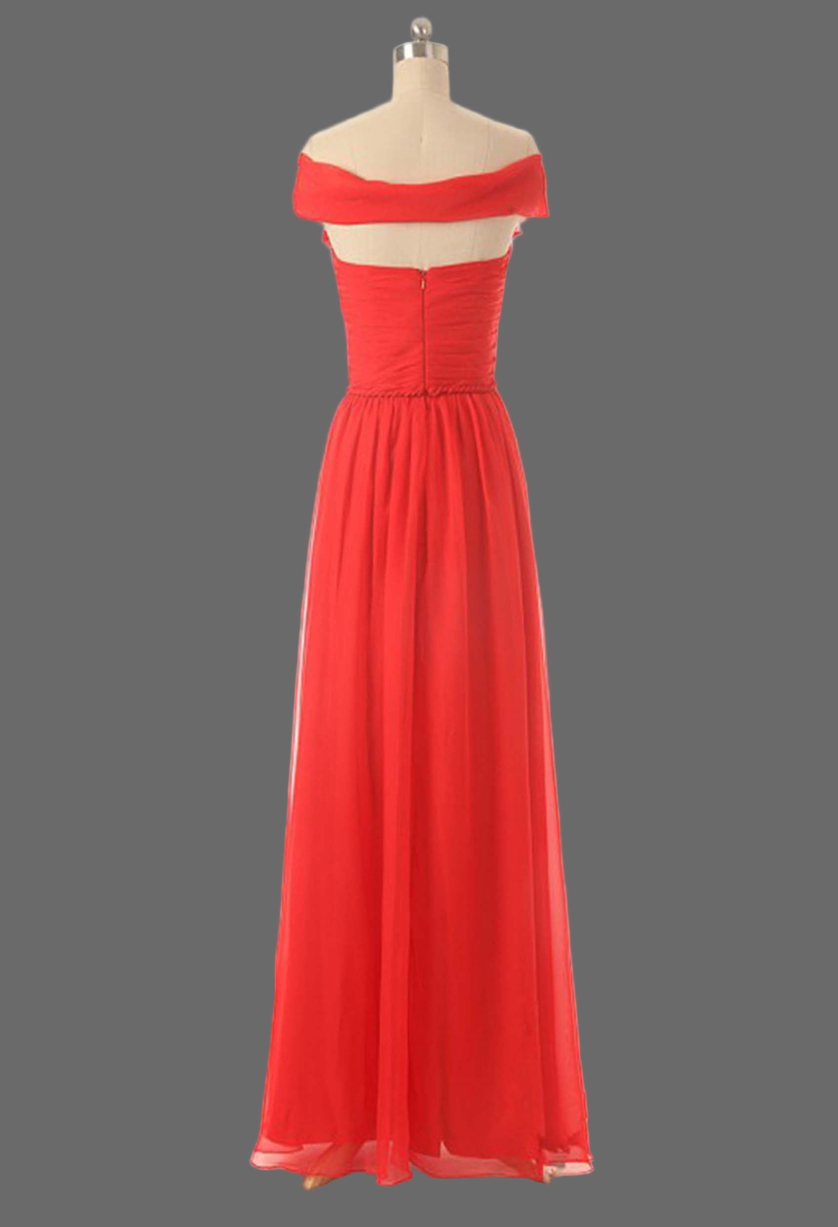 Coral Red Evening Dress - Off Shoulder Pleated Chiffon A-Line Formal Gown