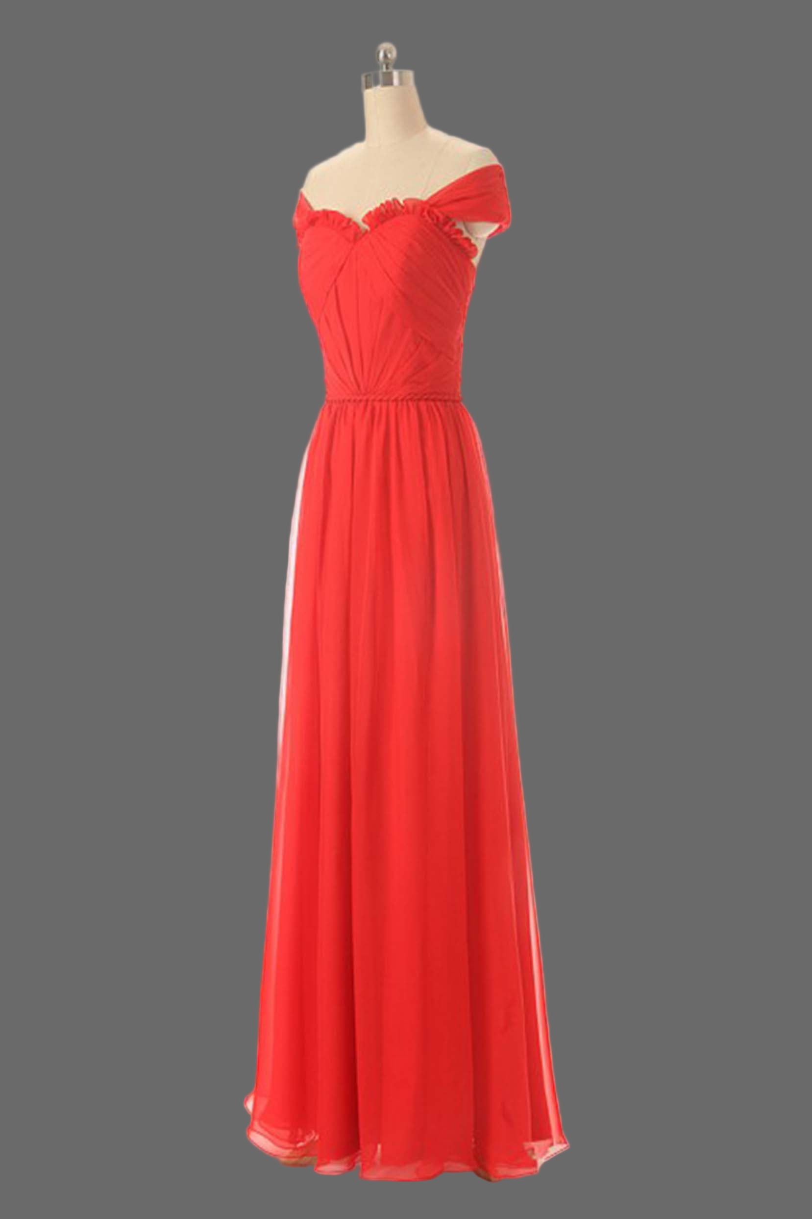 Coral Red Evening Dress - Off Shoulder Pleated Chiffon A-Line Formal Gown