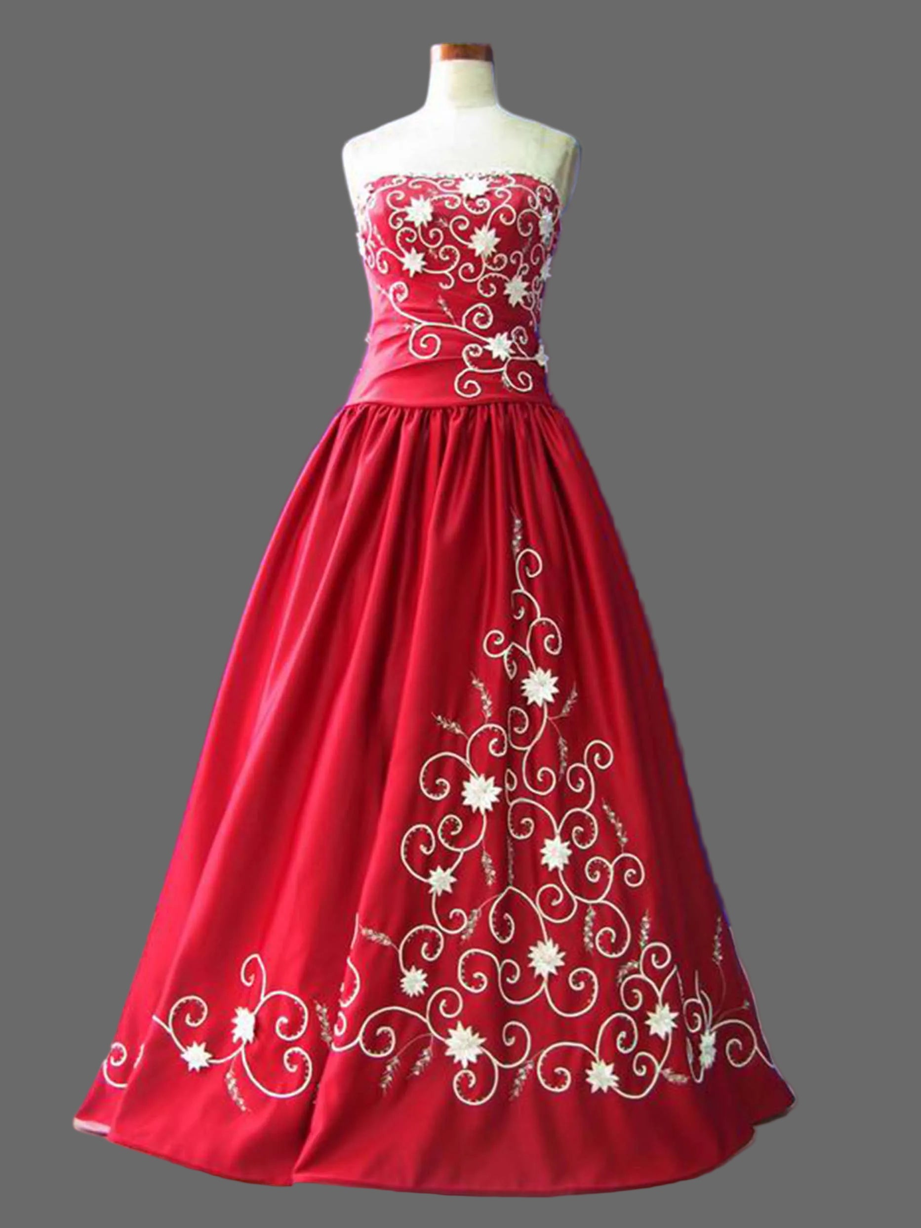 Crimson Red Satin Ball Gown Strapless White Gold Floral Embroidered Wedding Dress Quinceanera Prom Formal Gown
