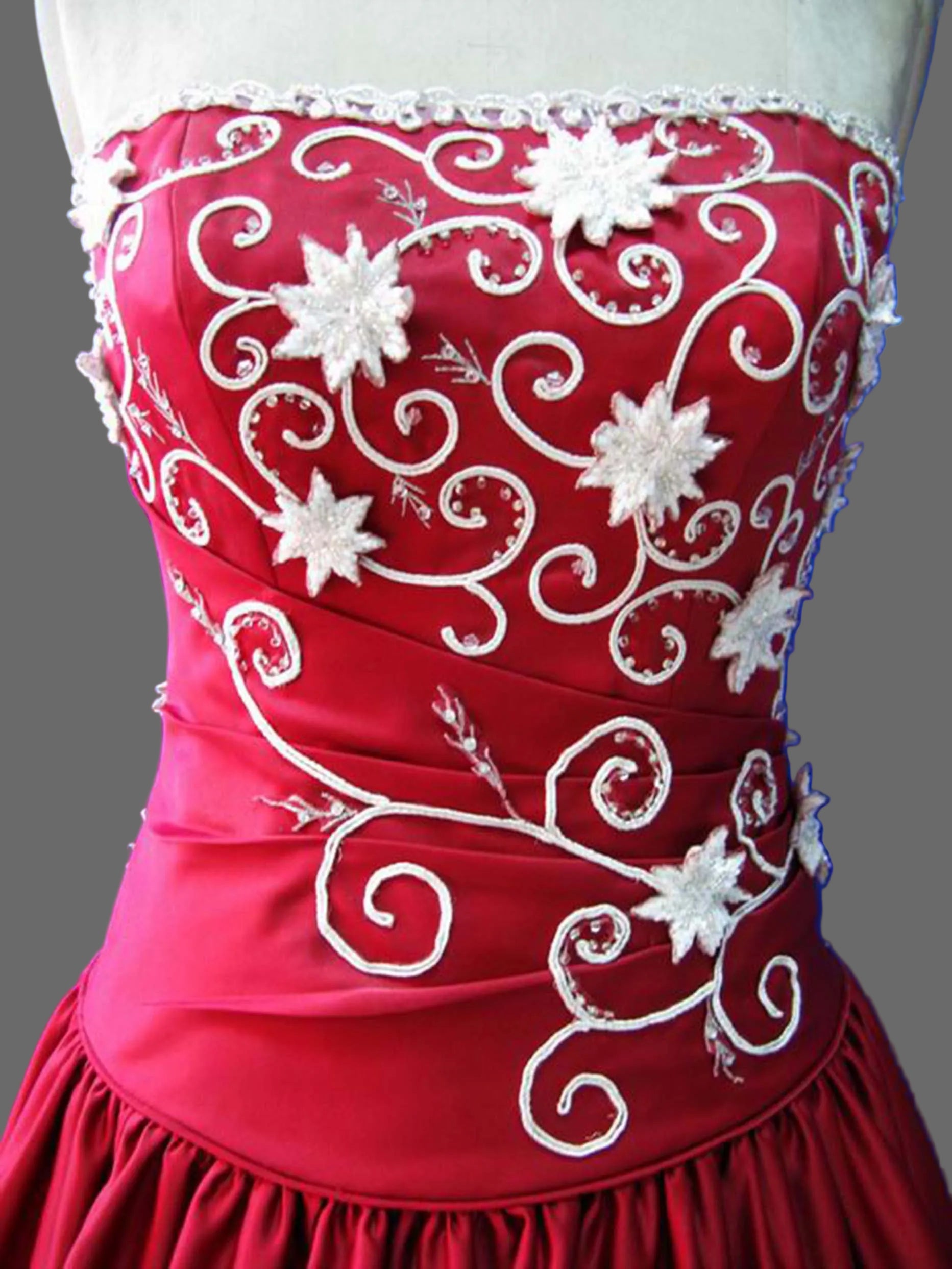 Crimson Red Satin Ball Gown Strapless White Gold Floral Embroidered Wedding Dress Quinceanera Prom Formal Gown