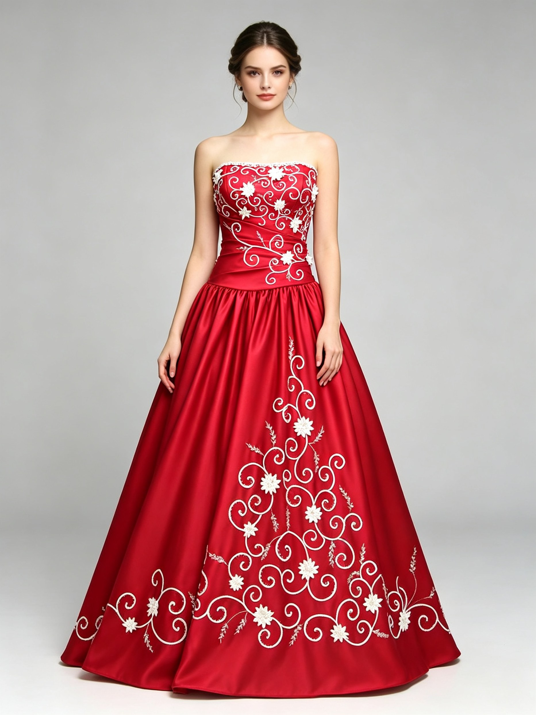 Crimson Red Satin Ball Gown Strapless White Gold Floral Embroidered Wedding Dress Quinceanera Prom Formal Gown