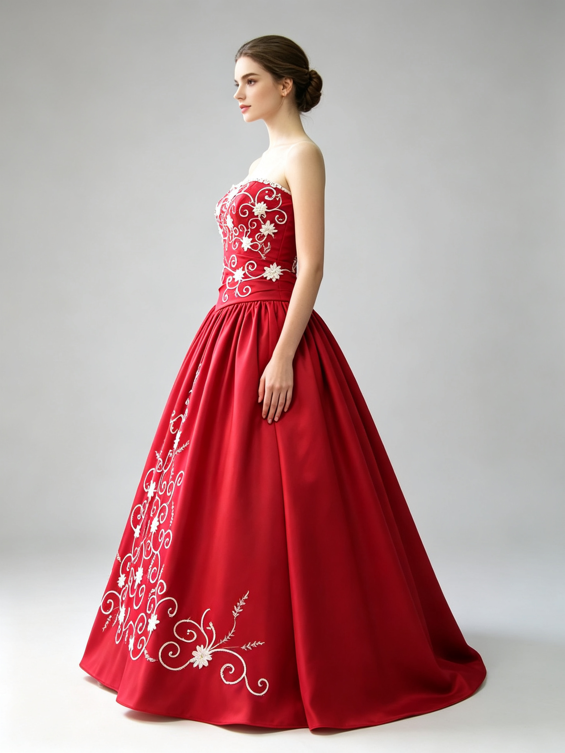 Crimson Red Satin Ball Gown Strapless White Gold Floral Embroidered Wedding Dress Quinceanera Prom Formal Gown