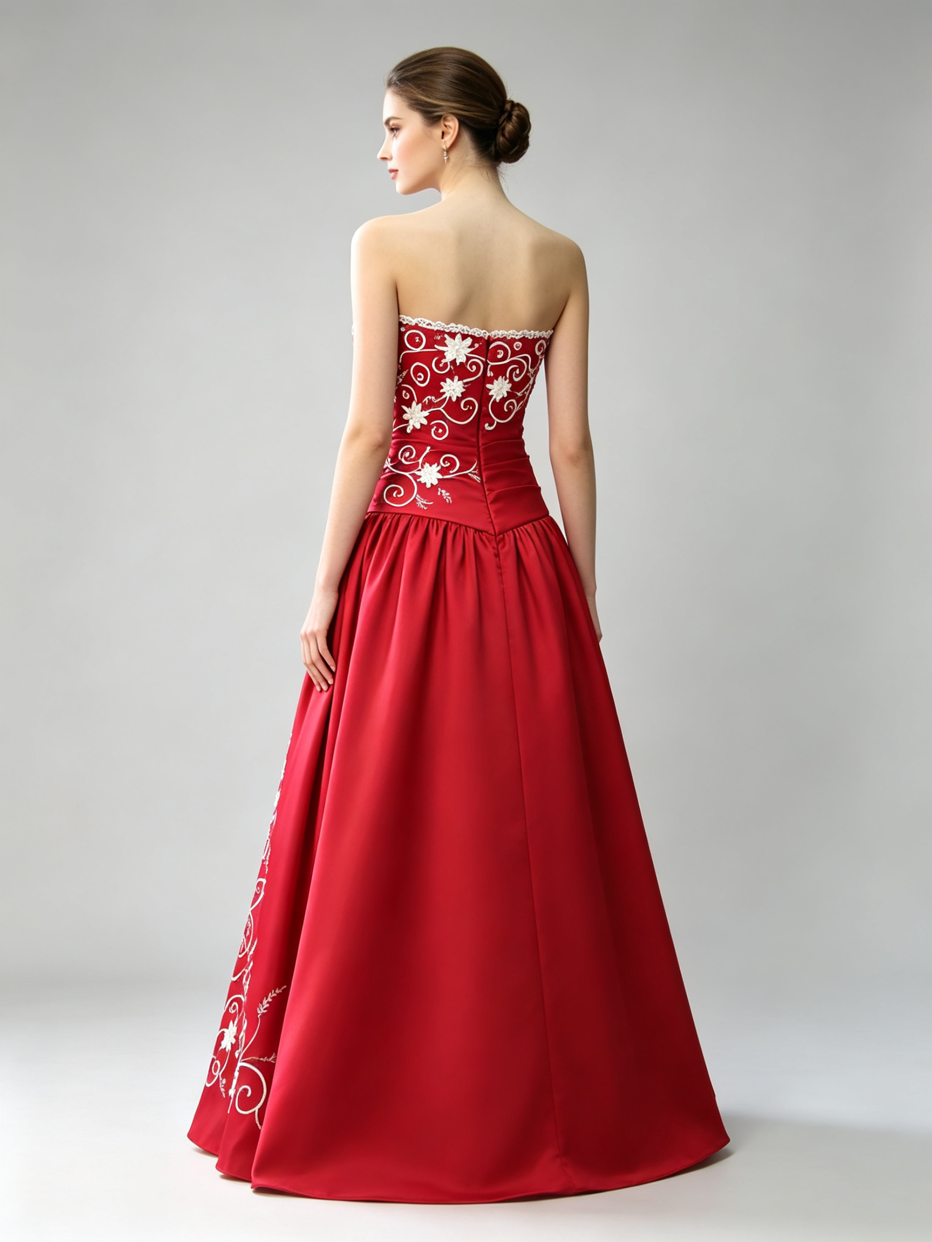 Crimson Red Satin Ball Gown Strapless White Gold Floral Embroidered Wedding Dress Quinceanera Prom Formal Gown