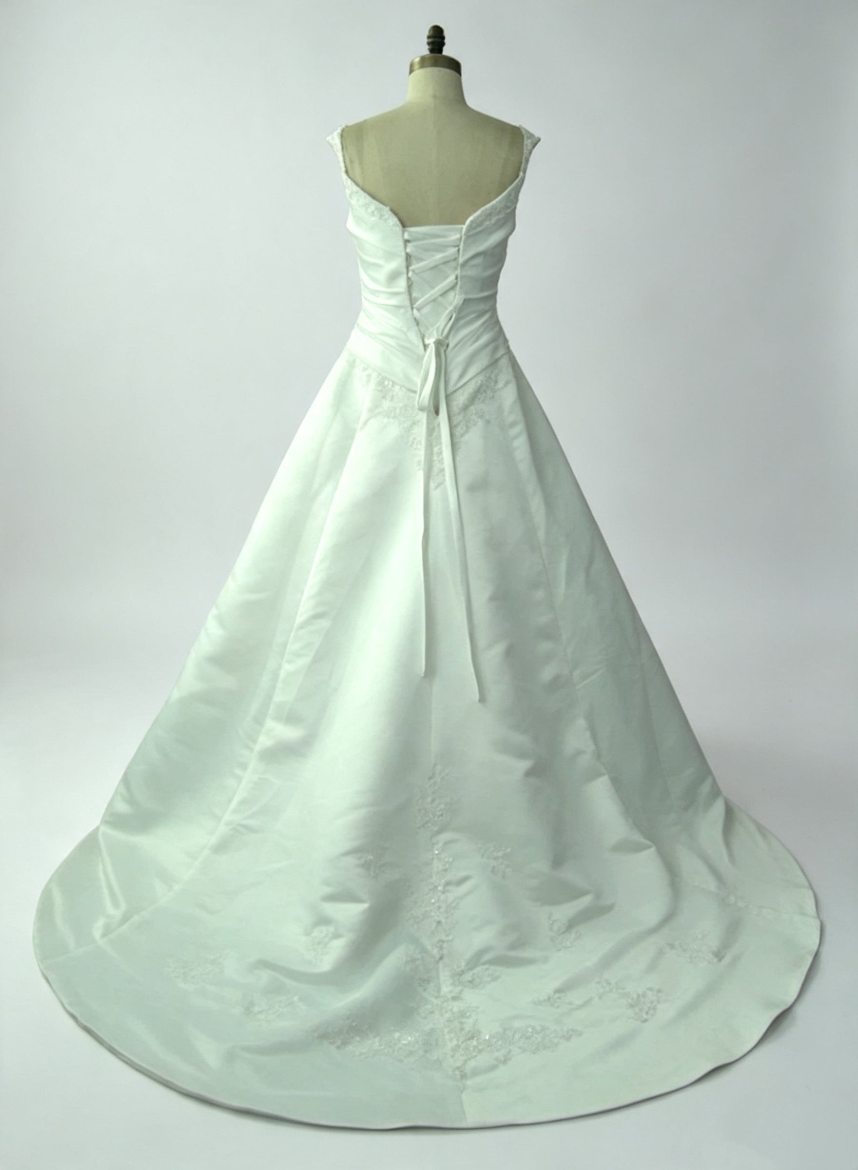 Ivory Satin A-Line Wedding Dress with Lace Straps, Ruched Bodice & Floral Embroidery – Chapel Train Bridal Gown