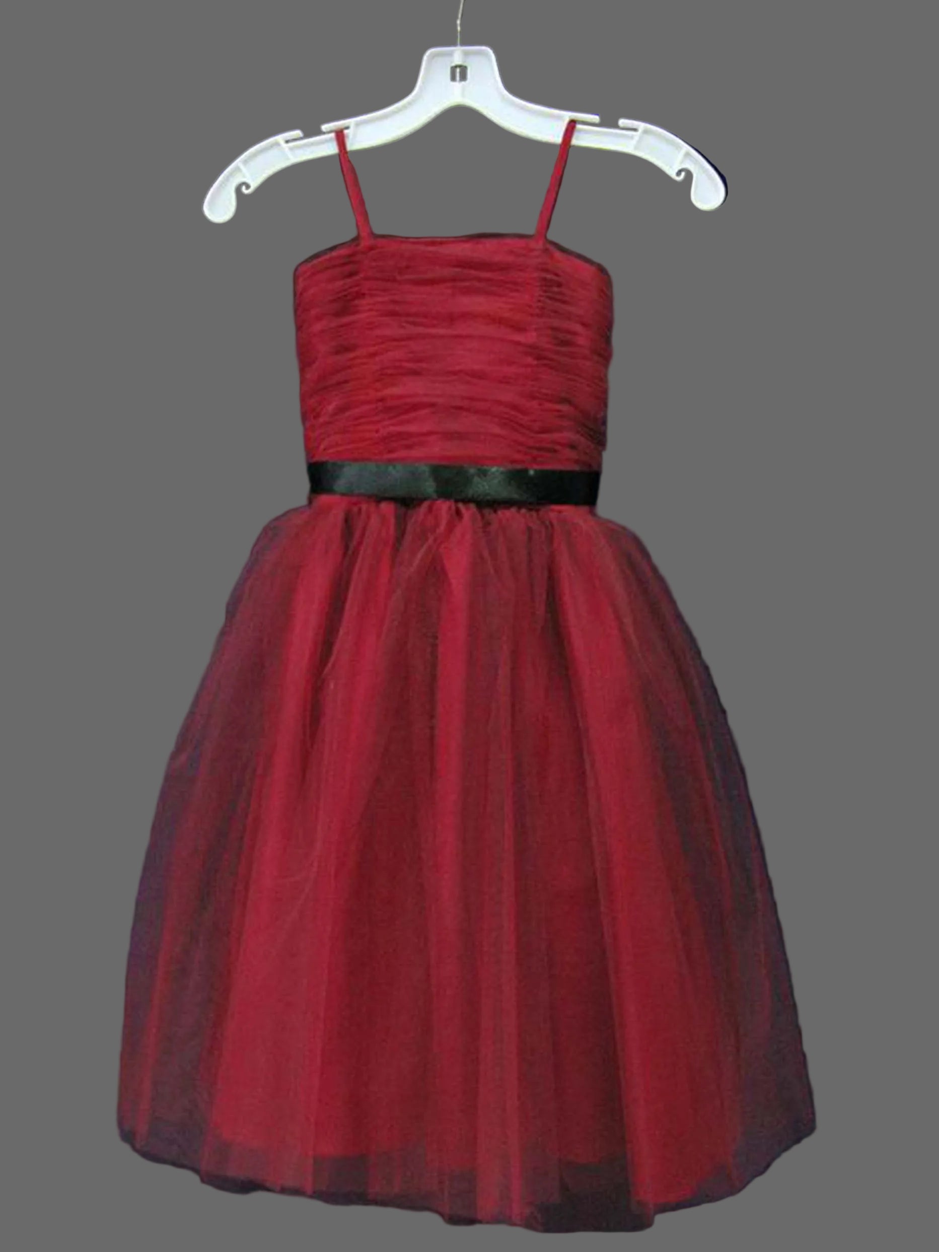 Dark Red Girls Tulle Dress Spaghetti Strap Ruched Bodice Black Sash Flower Girl Party Formal Dress