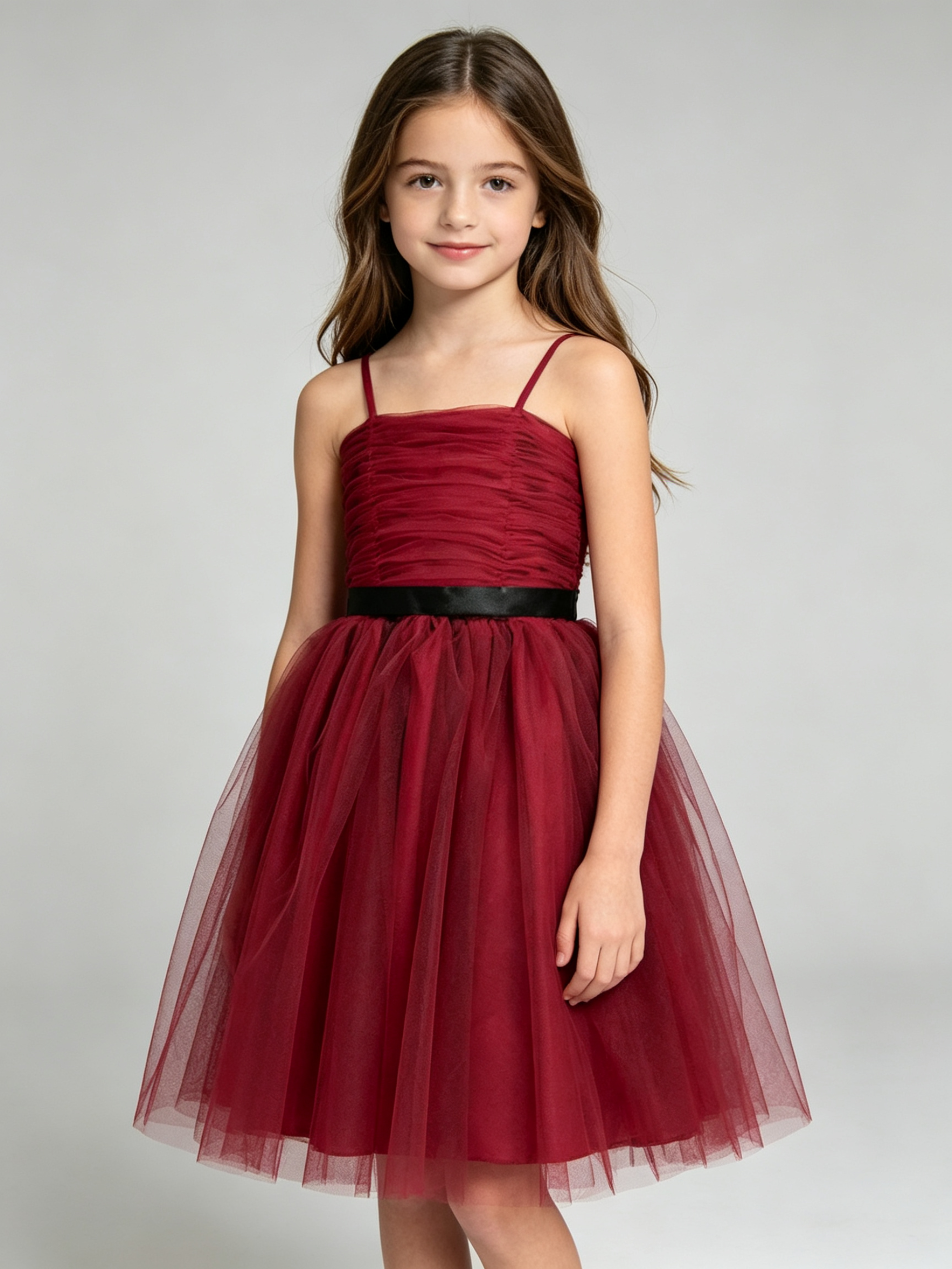 Dark Red Girls Tulle Dress Spaghetti Strap Ruched Bodice Black Sash Flower Girl Party Formal Dress