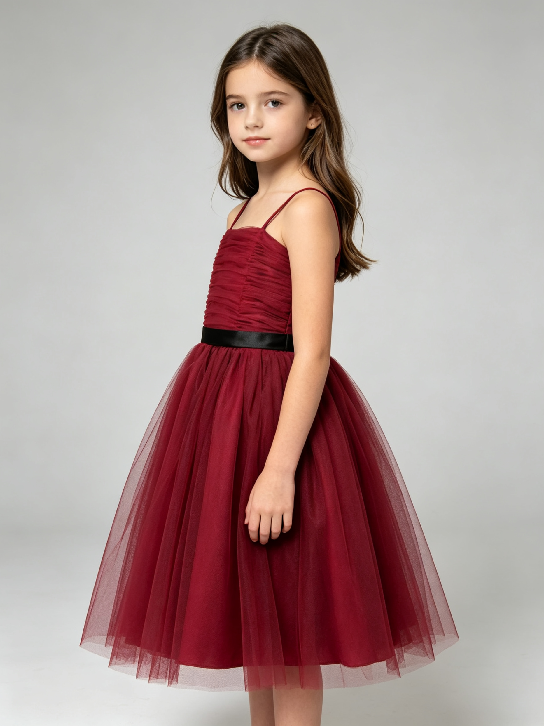 Dark Red Girls Tulle Dress Spaghetti Strap Ruched Bodice Black Sash Flower Girl Party Formal Dress