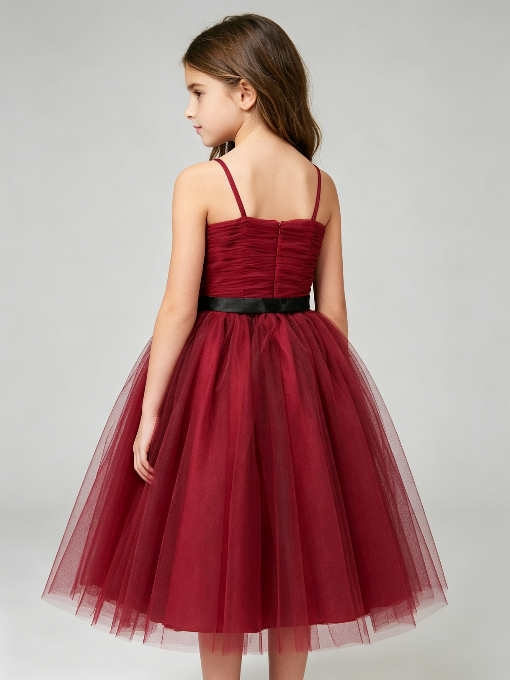 Dark Red Girls Tulle Dress Spaghetti Strap Ruched Bodice Black Sash Flower Girl Party Formal Dress