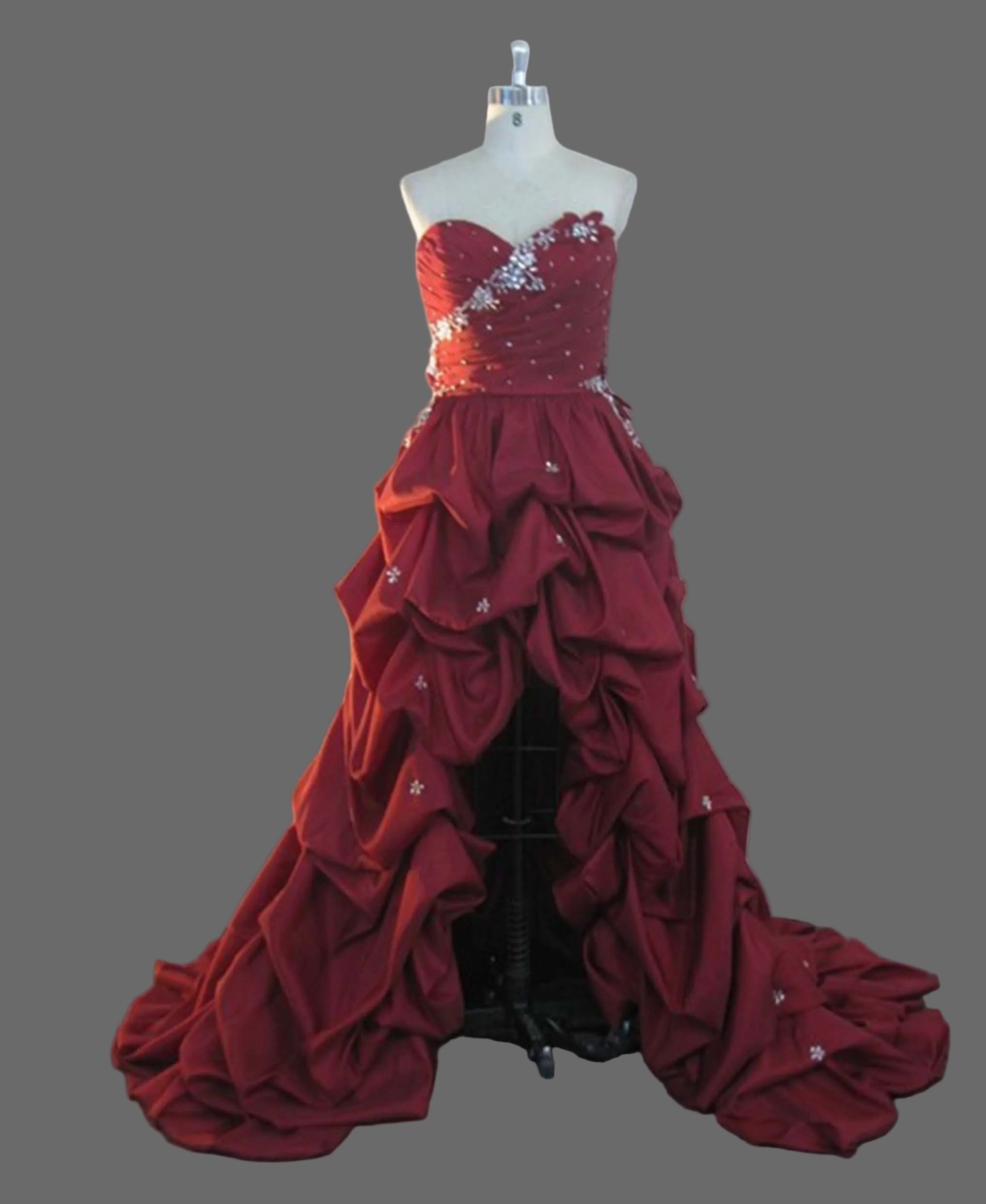 Dark Red Hi-Low Prom Dress Strapless Sweetheart Beaded Lace Applique Taffeta Ruffle Formal Gown with Train