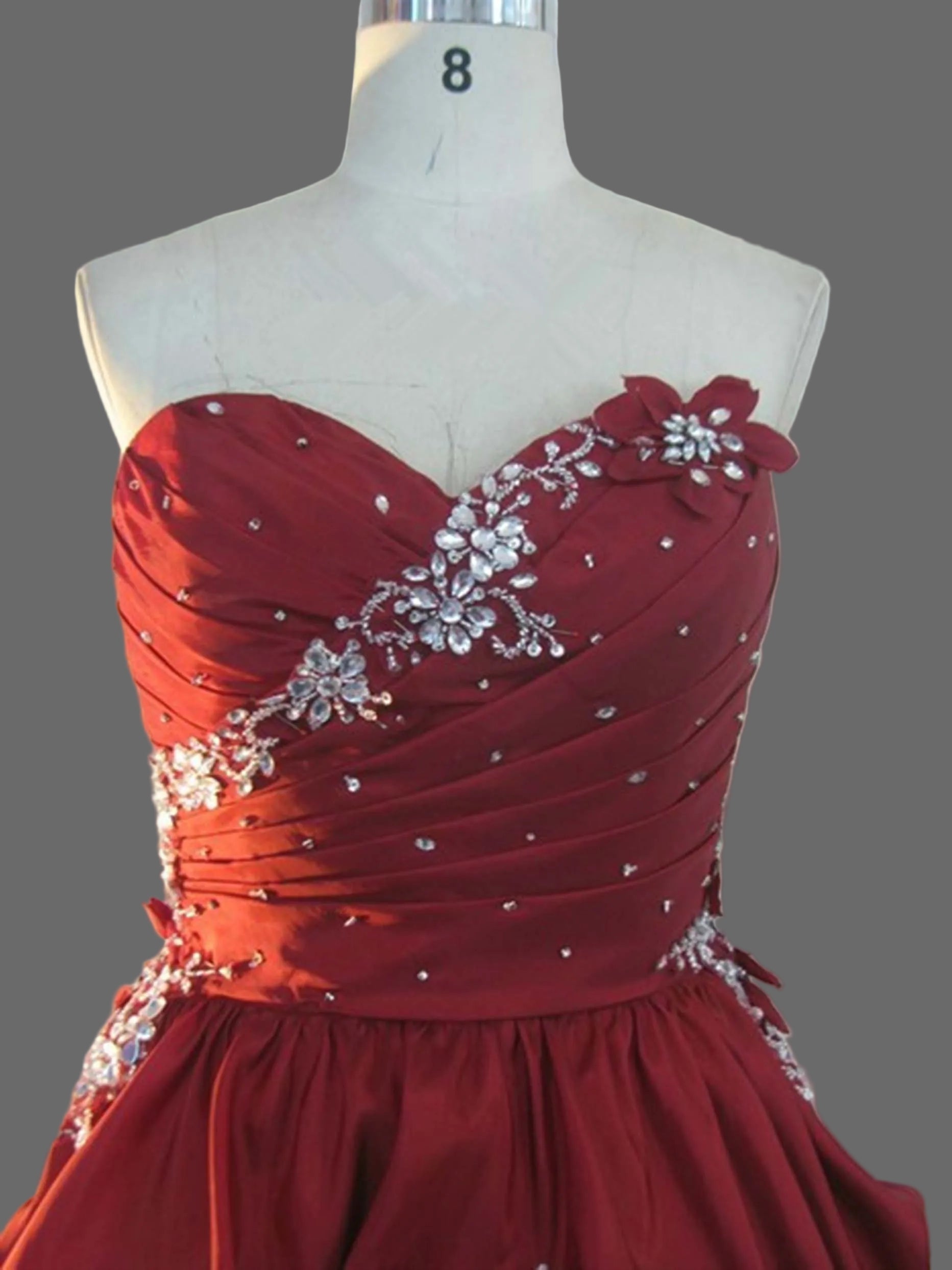 Dark Red Hi-Low Prom Dress Strapless Sweetheart Beaded Lace Applique Taffeta Ruffle Formal Gown with Train