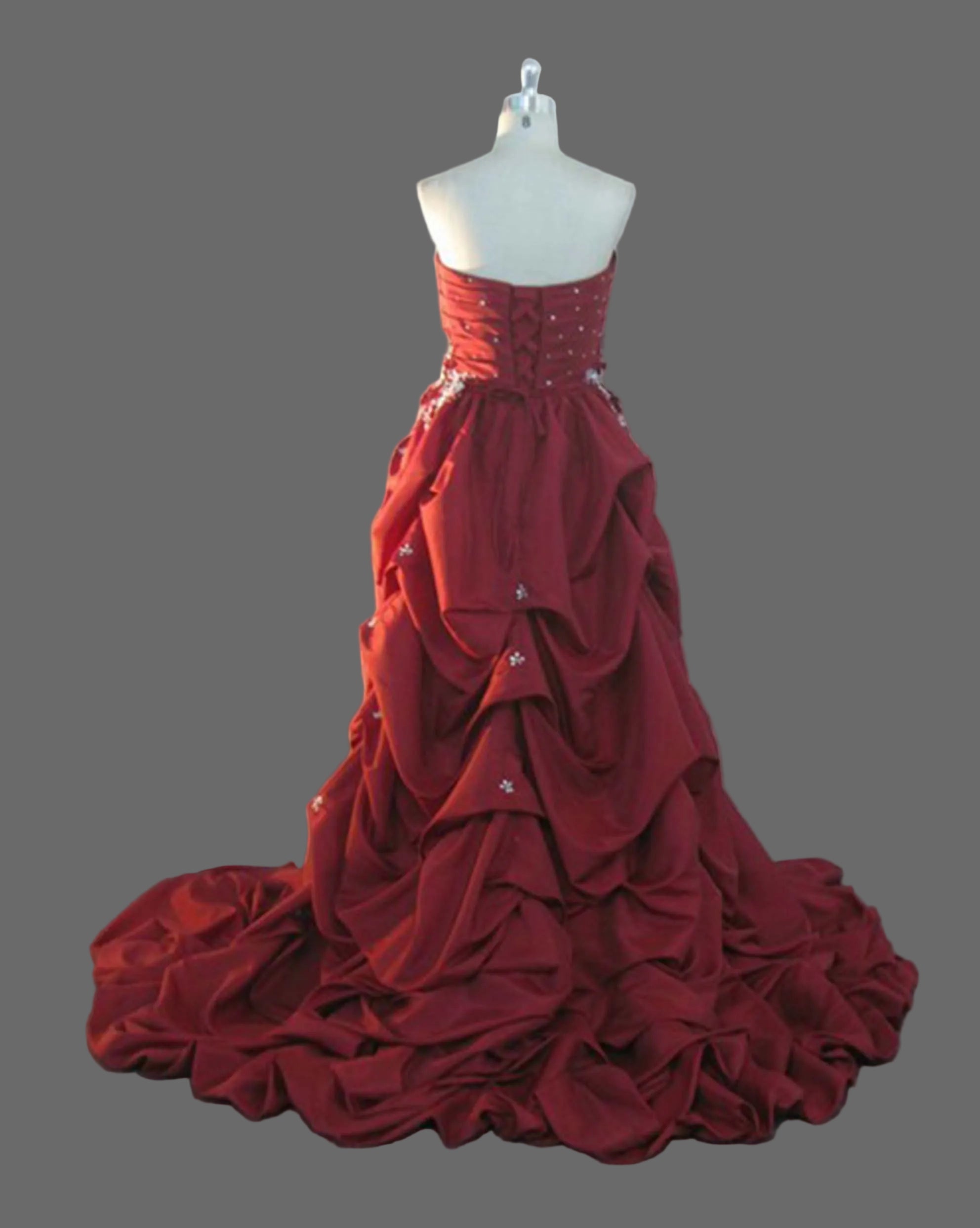 Dark Red Hi-Low Prom Dress Strapless Sweetheart Beaded Lace Applique Taffeta Ruffle Formal Gown with Train