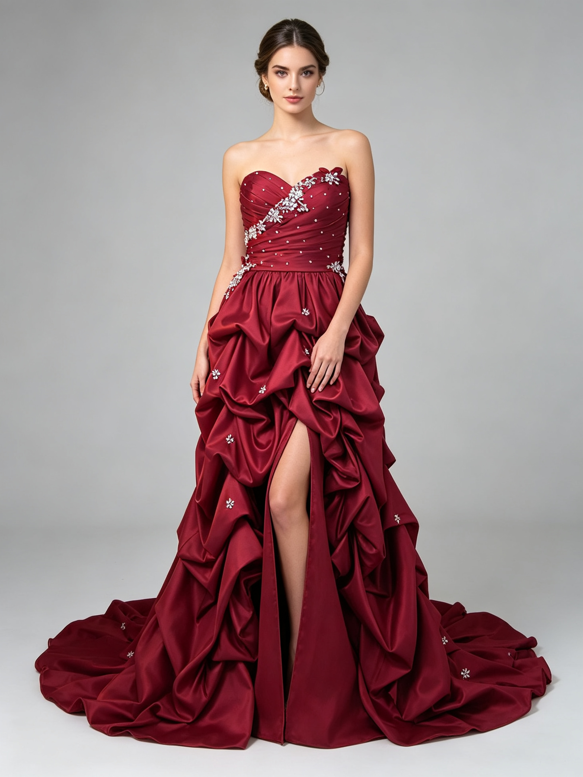 Dark Red Hi-Low Prom Dress Strapless Sweetheart Beaded Lace Applique Taffeta Ruffle Formal Gown with Train