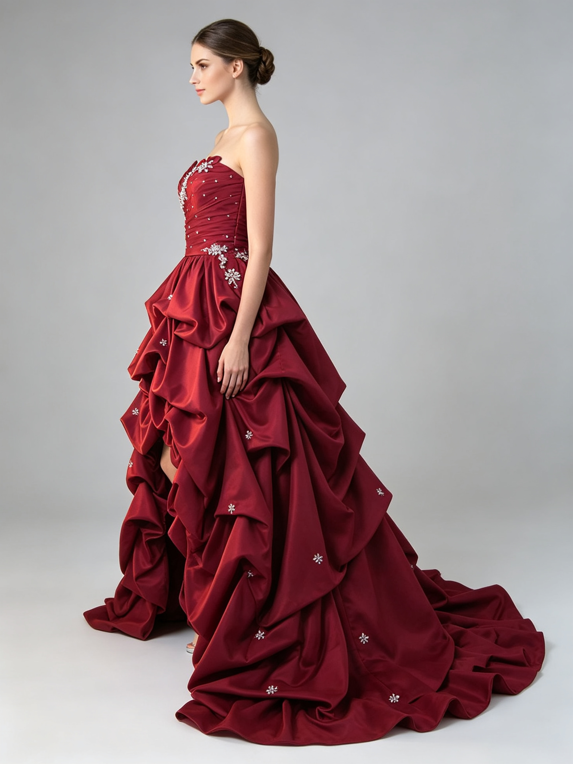 Dark Red Hi-Low Prom Dress Strapless Sweetheart Beaded Lace Applique Taffeta Ruffle Formal Gown with Train
