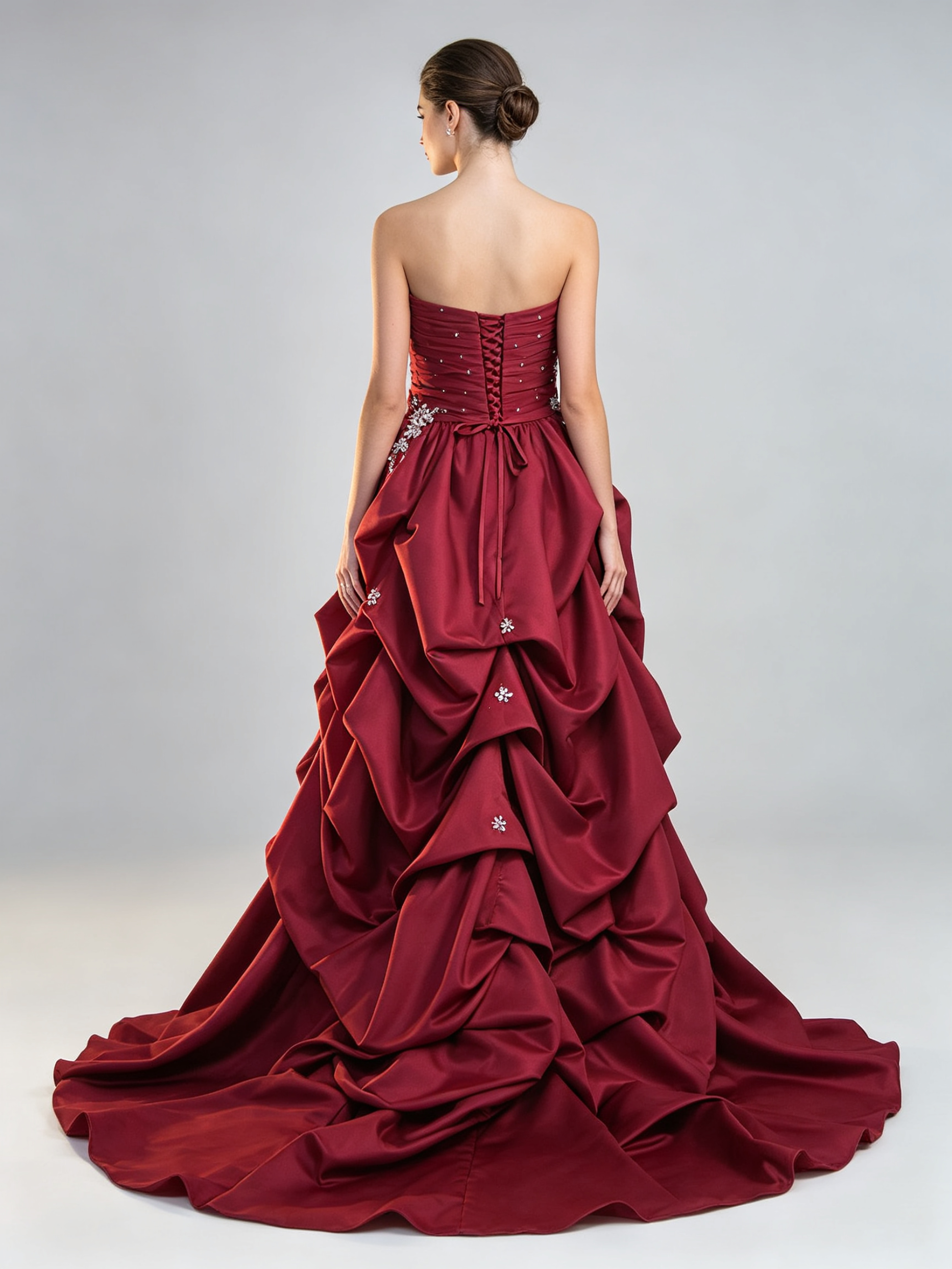 Dark Red Hi-Low Prom Dress Strapless Sweetheart Beaded Lace Applique Taffeta Ruffle Formal Gown with Train