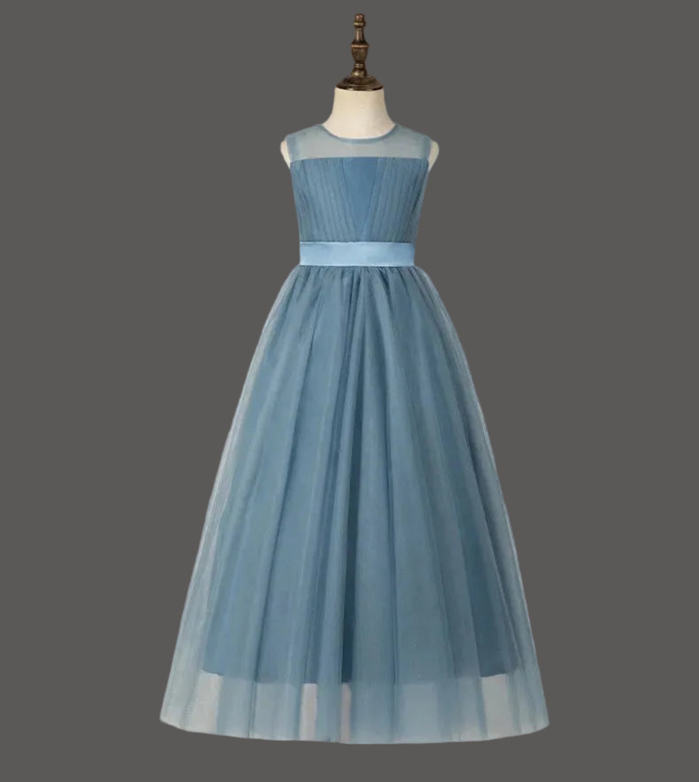 Dusty Blue Junior Bridesmaid Dress Tulle Illusion Neck