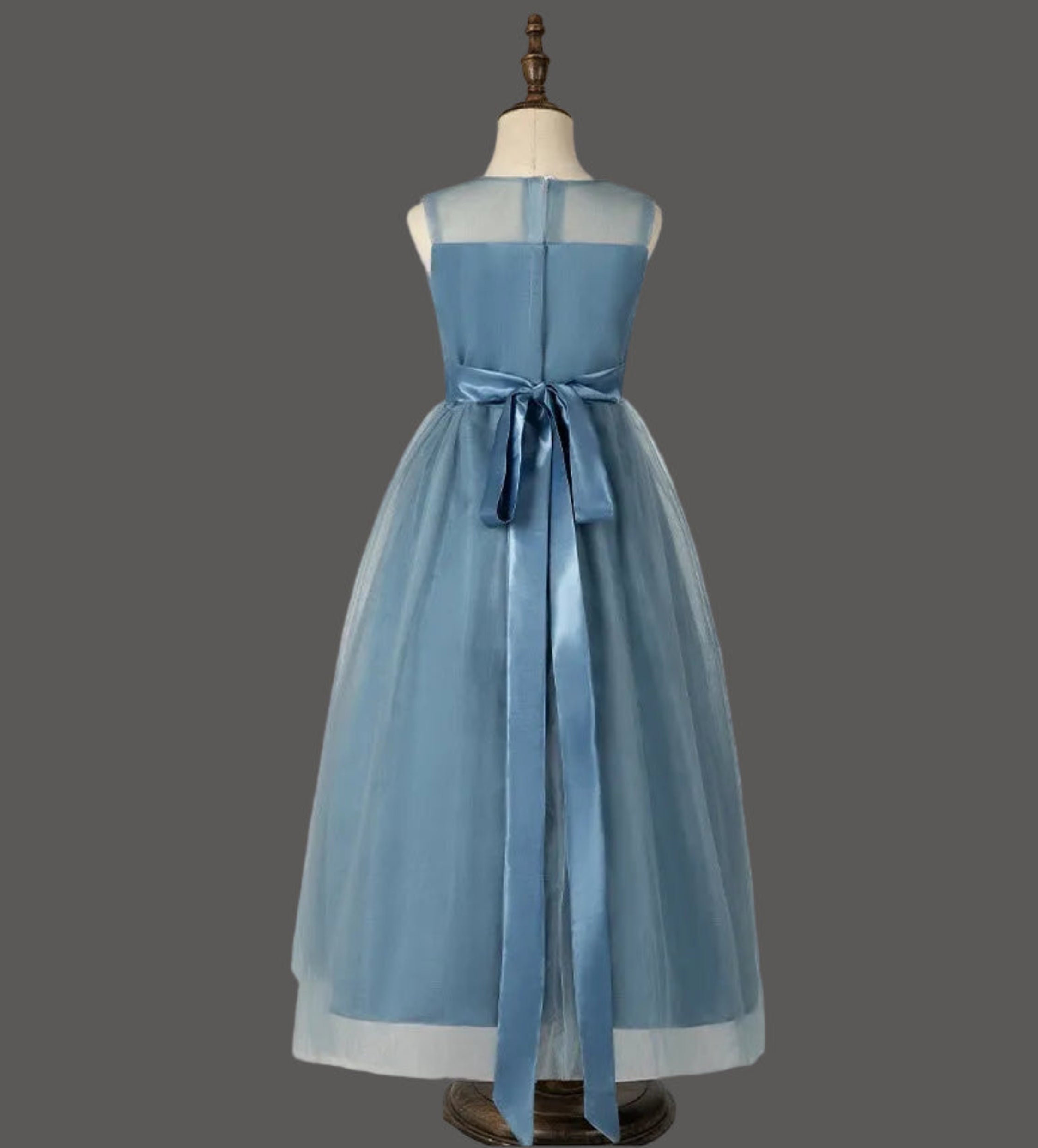 Dusty Blue Junior Bridesmaid Dress Tulle Illusion Neck