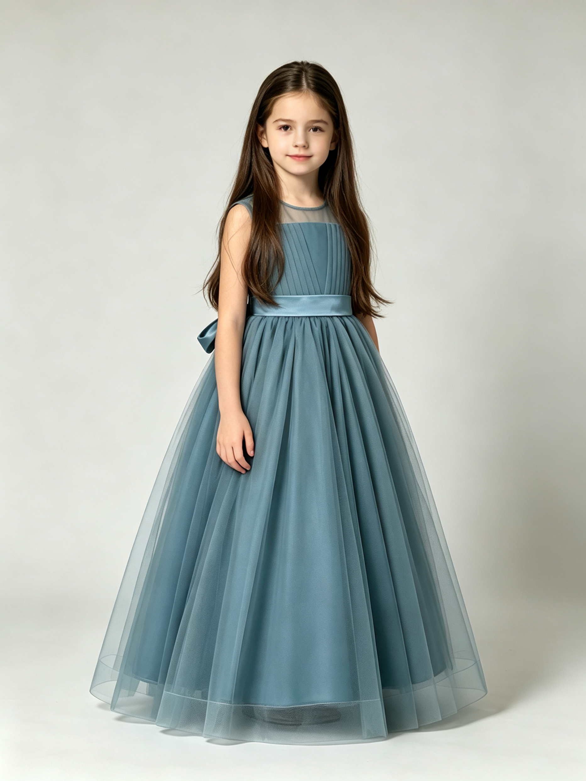 Dusty Blue Junior Bridesmaid Dress Tulle Illusion Neck
