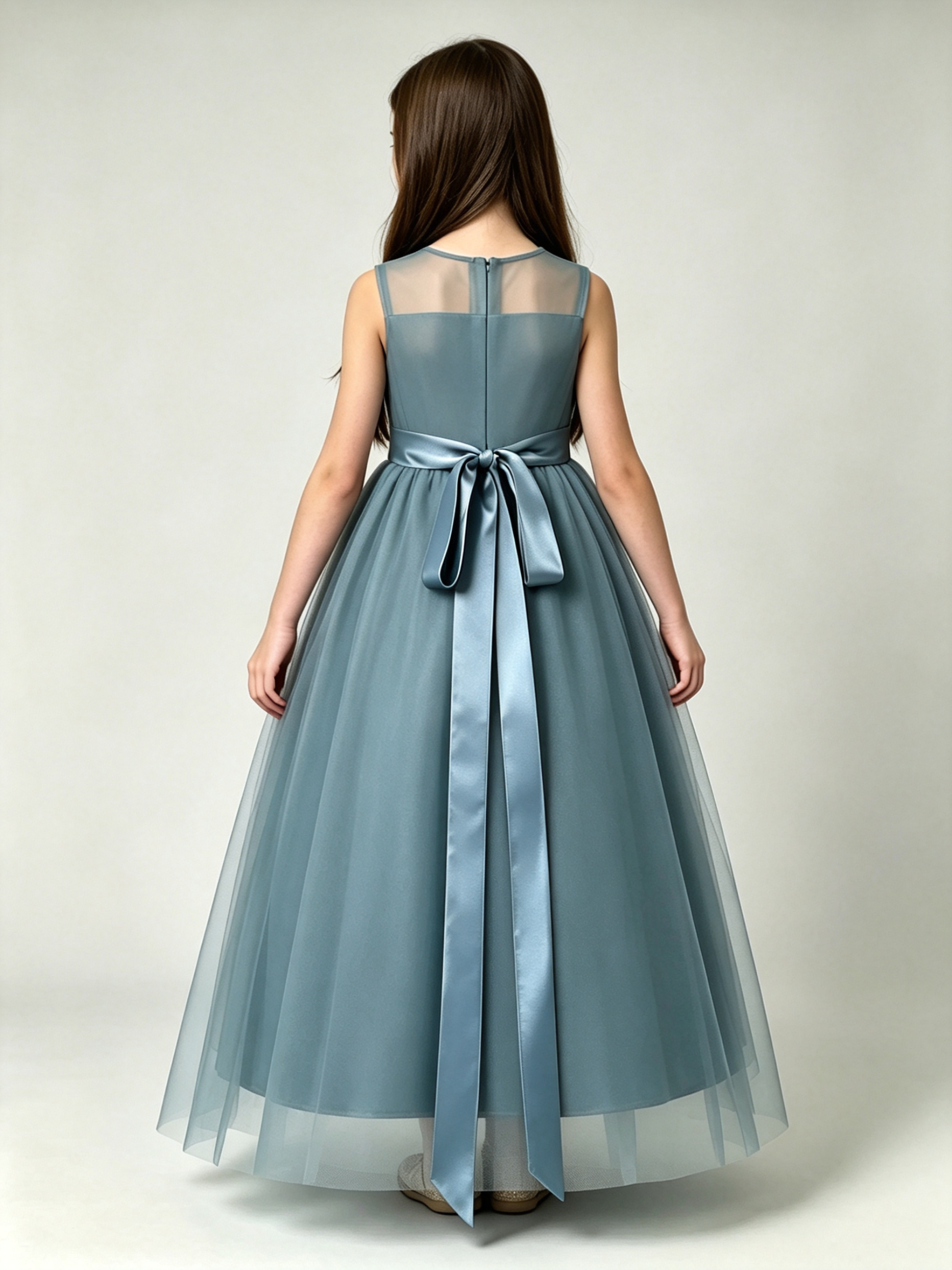 Dusty Blue Junior Bridesmaid Dress Tulle Illusion Neck