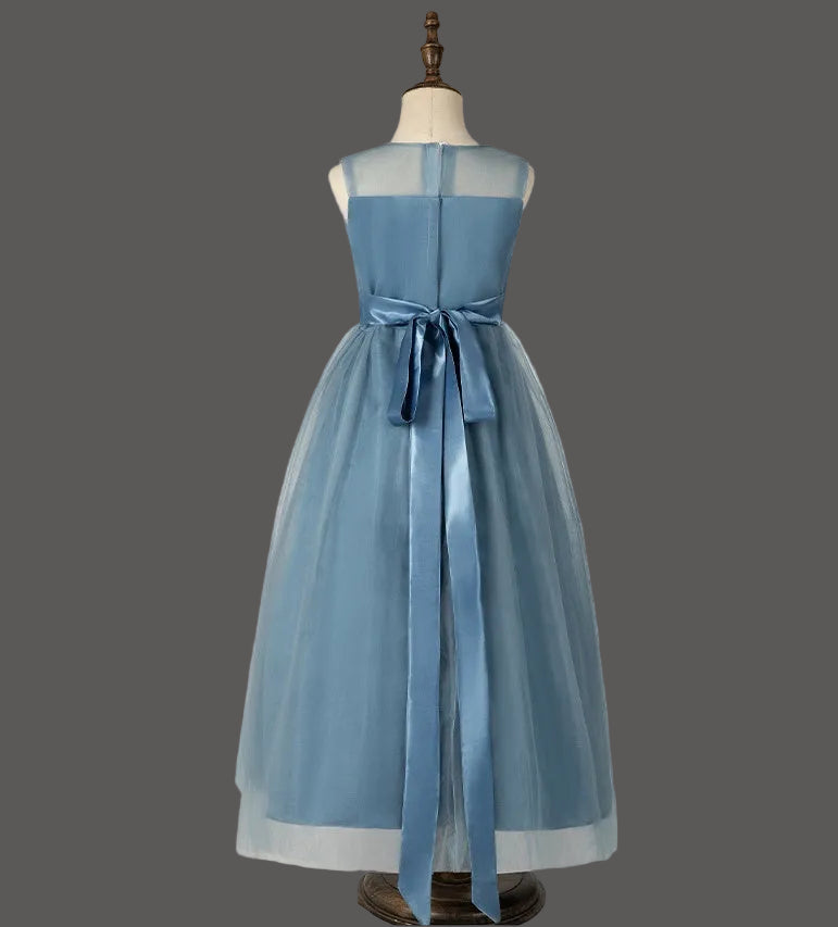 Dusty Blue Junior Bridesmaid Dress Tulle Illusion Neck