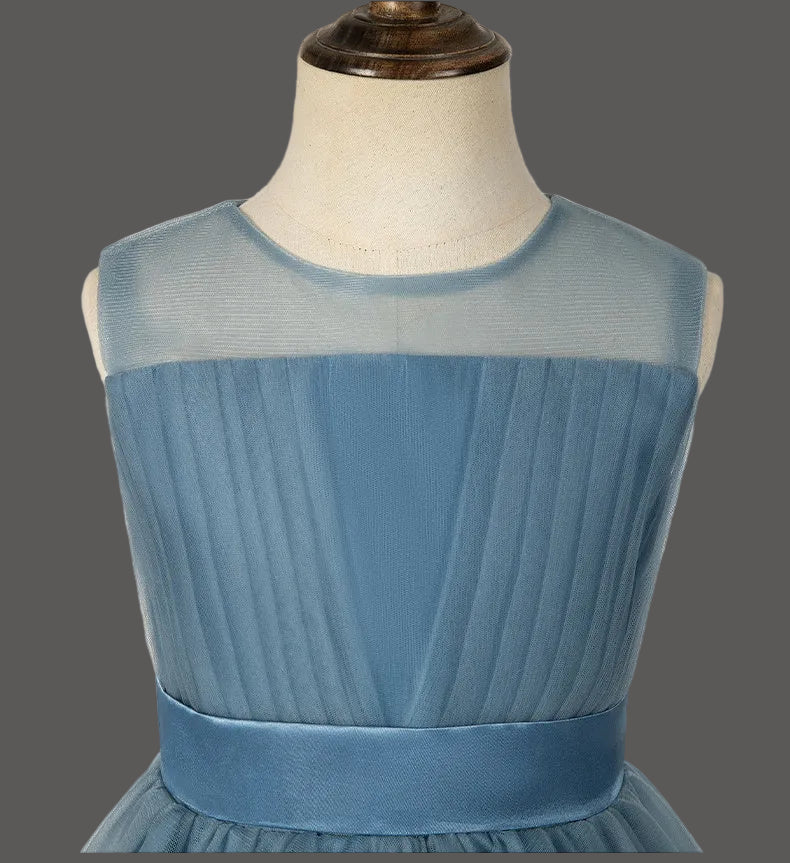 Dusty Blue Junior Bridesmaid Dress Tulle Illusion Neck