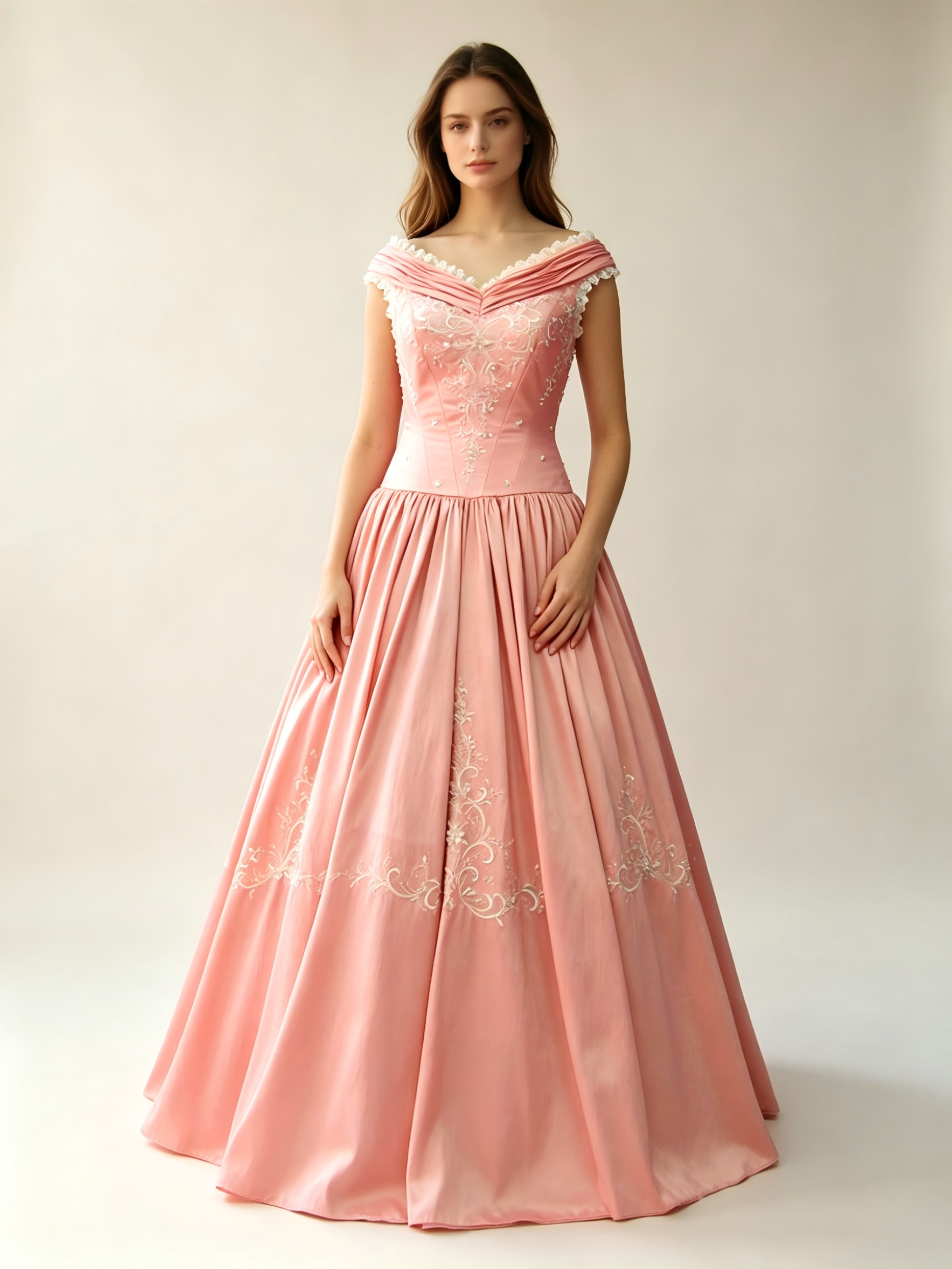 Dusty Rose Quinceanera Ball Gown | Off-Shoulder Satin Dress with Gold Embroidery