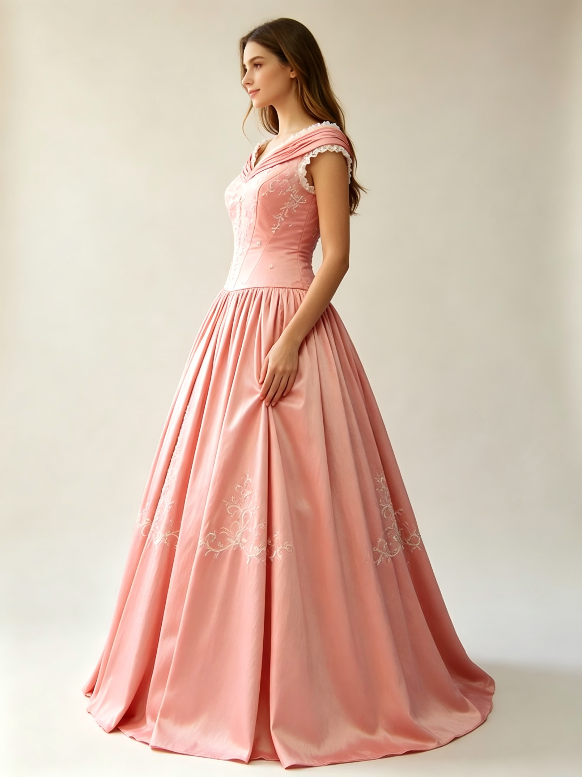 Dusty Rose Quinceanera Ball Gown | Off-Shoulder Satin Dress with Gold Embroidery