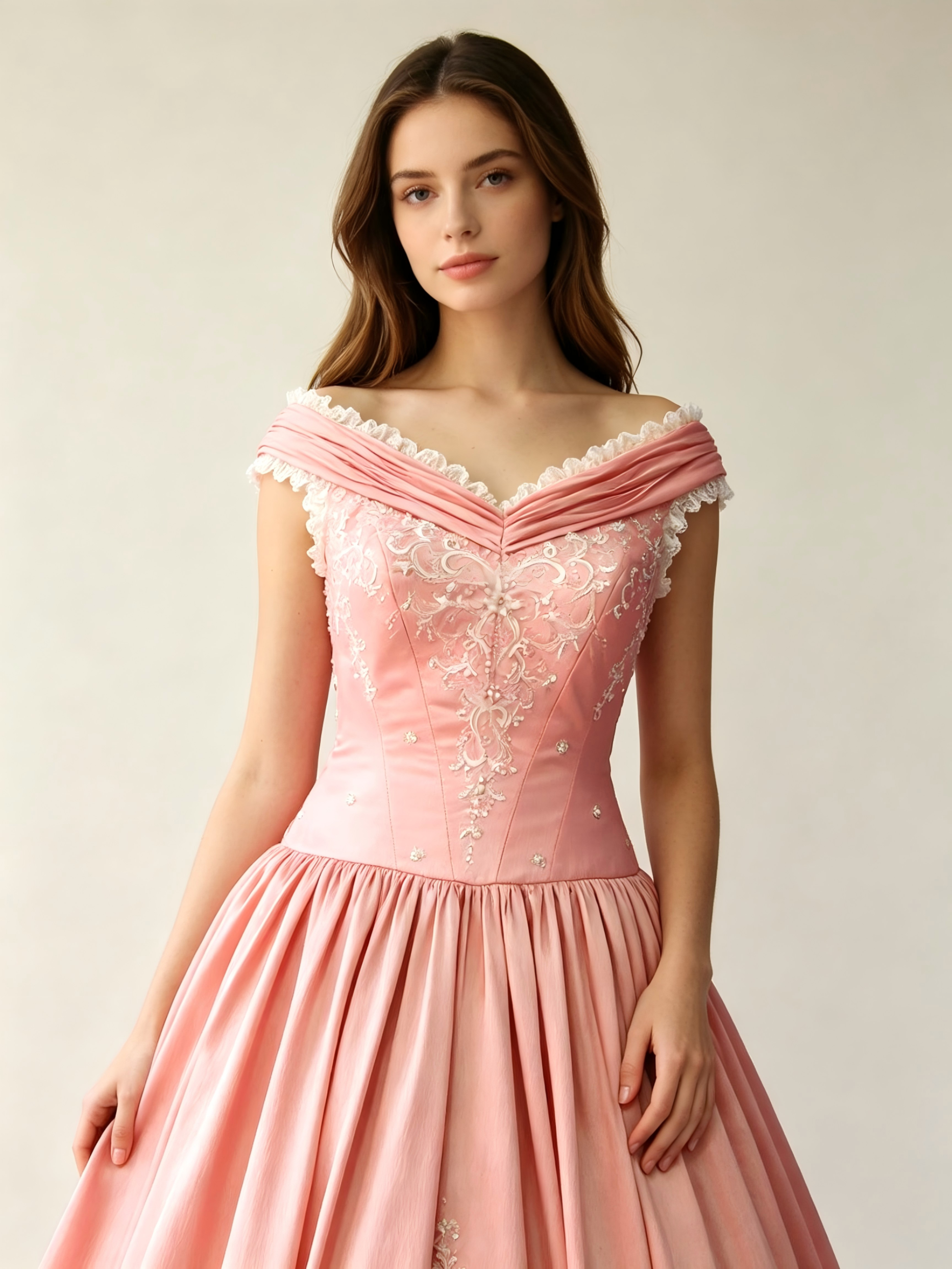 Dusty Rose Quinceanera Ball Gown | Off-Shoulder Satin Dress with Gold Embroidery