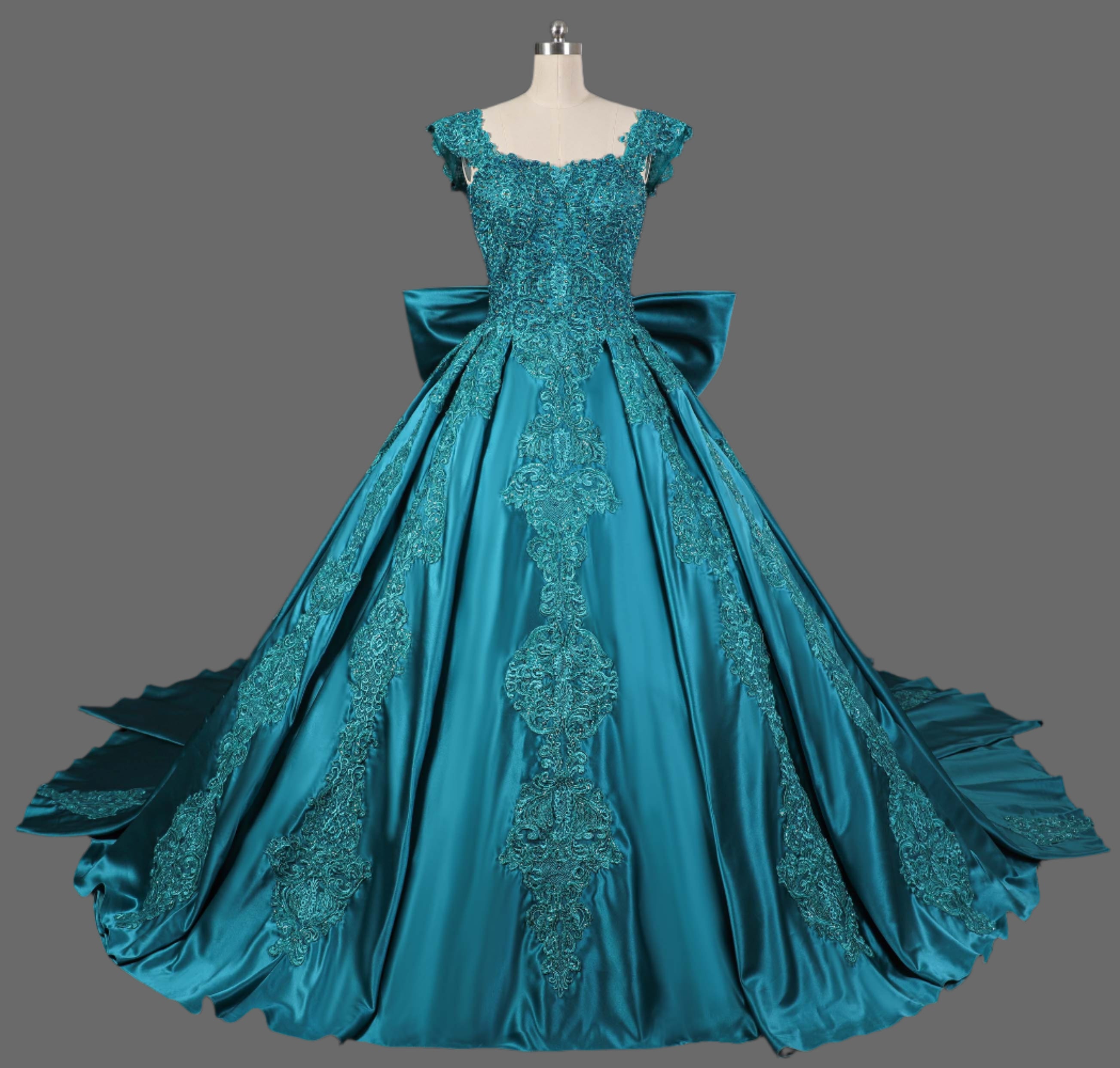 Elegant Green Silk Satin Ball Gown Wedding Dress - Handcrafted with Intricate Embroidery