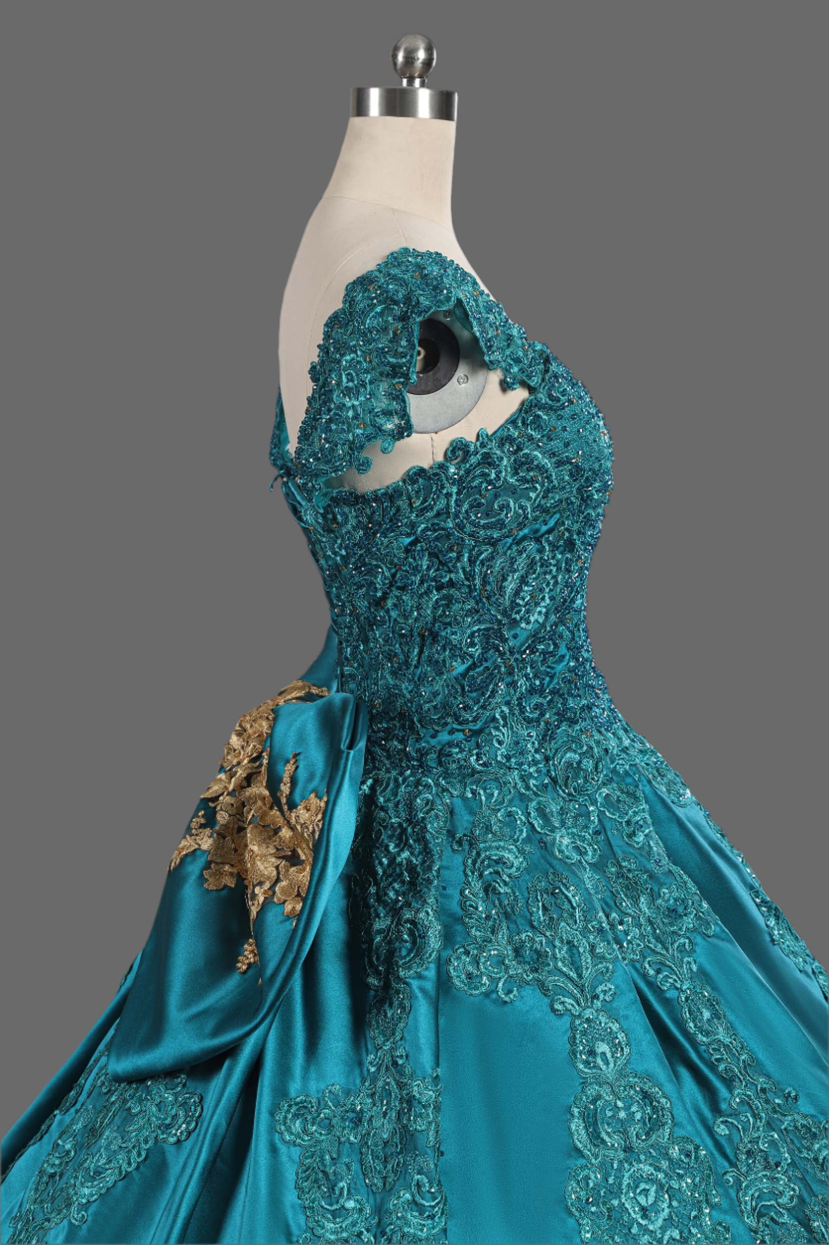 Elegant Green Silk Satin Ball Gown Wedding Dress - Handcrafted with Intricate Embroidery