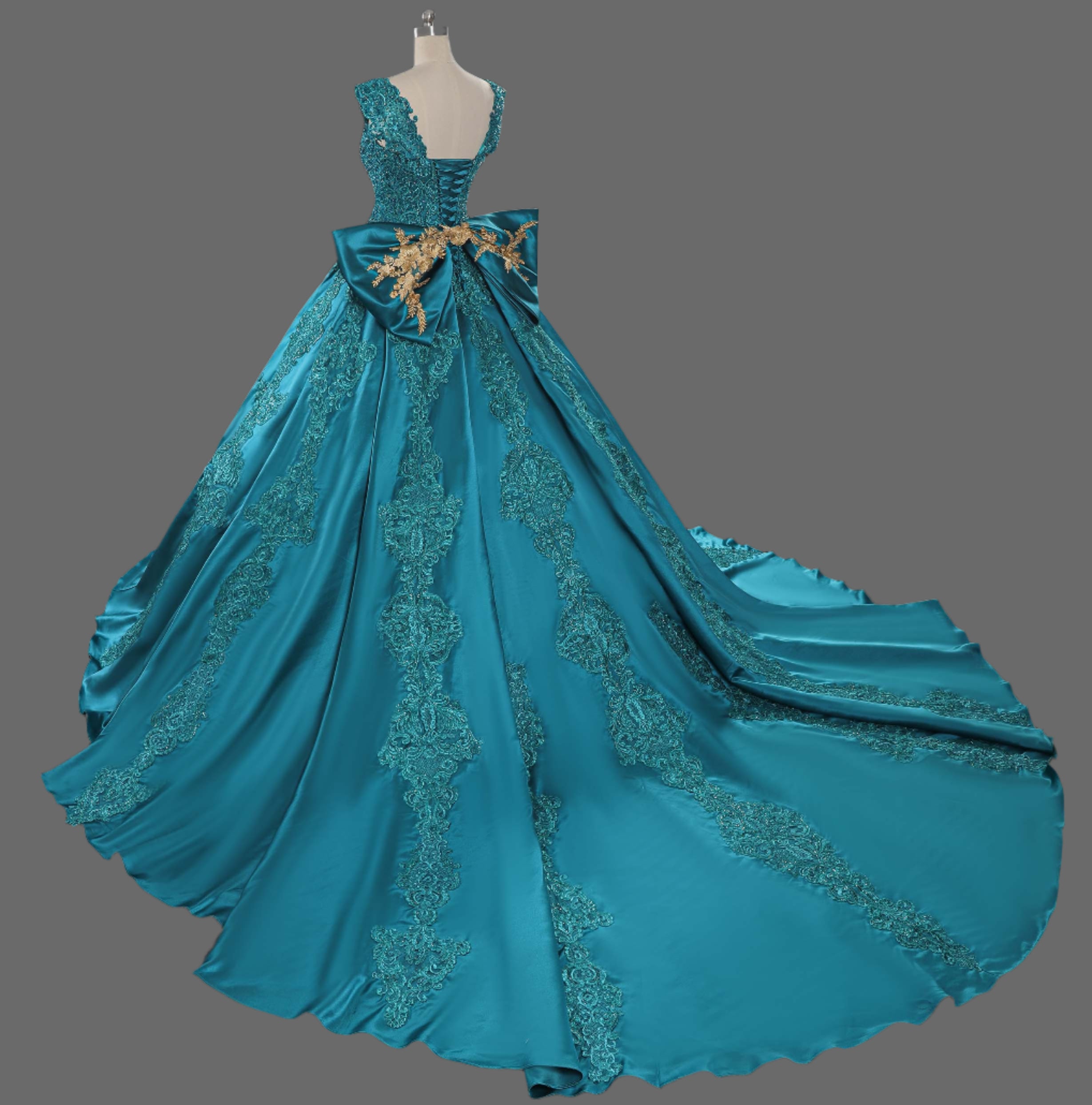 Elegant Green Silk Satin Ball Gown Wedding Dress - Handcrafted with Intricate Embroidery